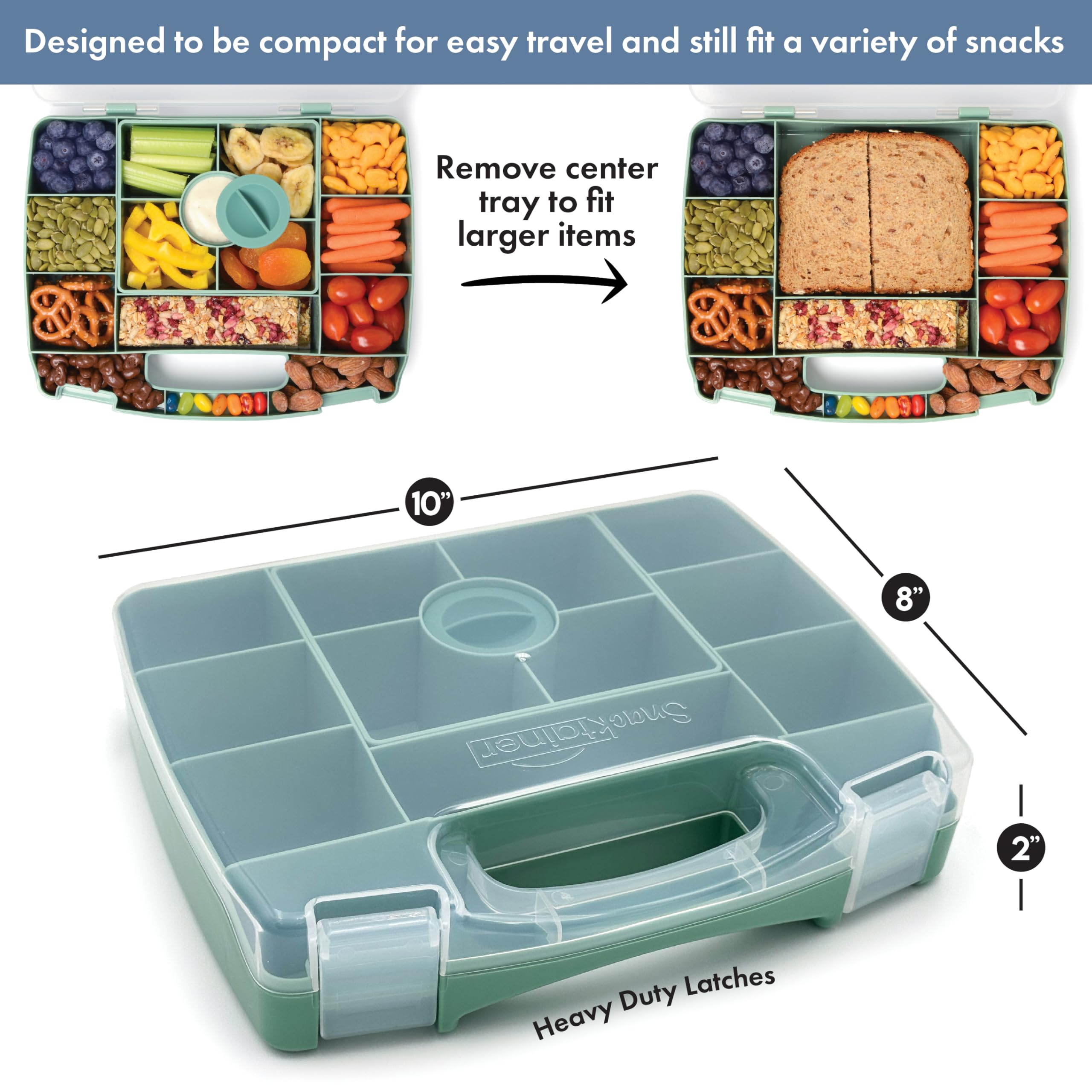 PrimaStella Snacktainer - Caja de aperitivos de viaje, caja de 15 compartimentos con asa y bandeja extraíble con taza de inmersión a prueba de fugas (verde)