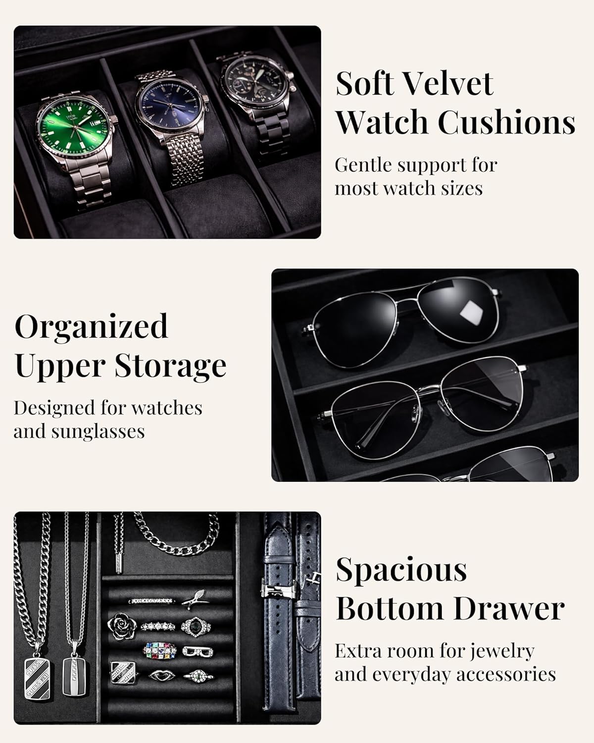 Watch And Sunglasses Organizer With Men’s Jewelry, 6-Slot Watch Box & Sunglasses Organizer With Drawer, PU Leather Interior, Solid Wooden Watch Case Display With Large Clear Glass Lid - Image 6