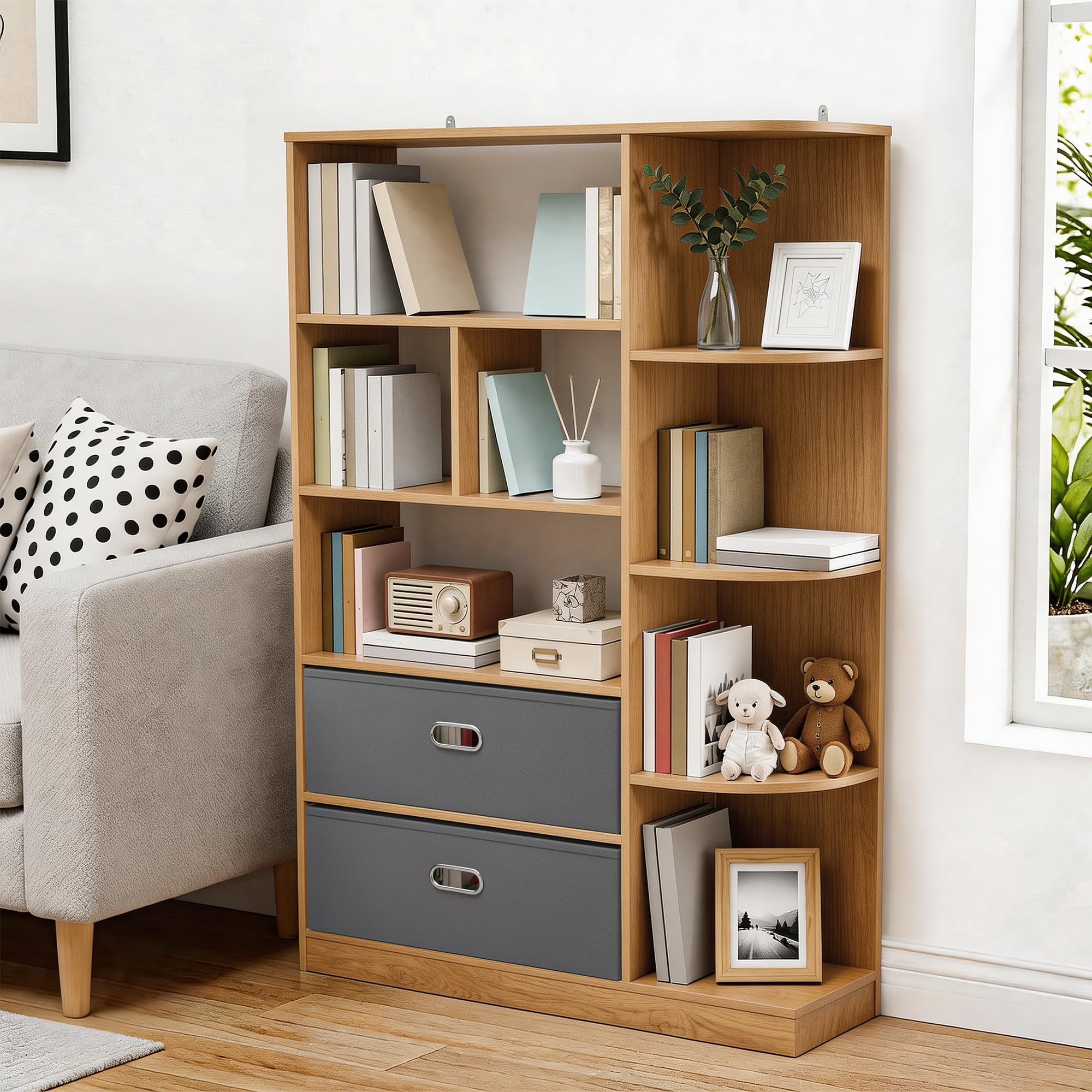 YITAHOME Librería Independiente con 8 estantes Abiertos y 2 cajones (tapizada), para salón, Dormitorio u Oficina, Acabado Roble, 80 cm (Ancho) × 24 cm (Profundidad) × 115 cm (Alto)