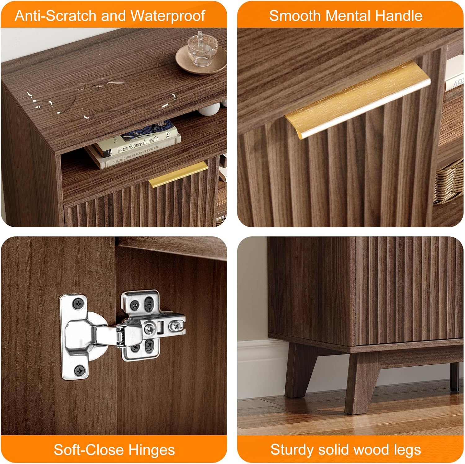 Close-up details of the TV stand showing anti-scratch surface, smooth metal handle, soft-close hinges, and sturdy solid wood legs.
