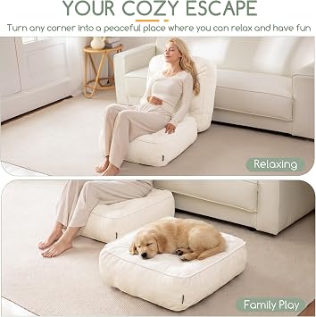 HIGOGOGO 6 Extra Thick Floor Pillow Cushion for Adults, Meditation Cushion Pillow with Handle, Lustrous Chenille Tufted, Square Floor Sitting for Tatami Living Room or Yoga, 22x22 Inch, 2Pack, Beige