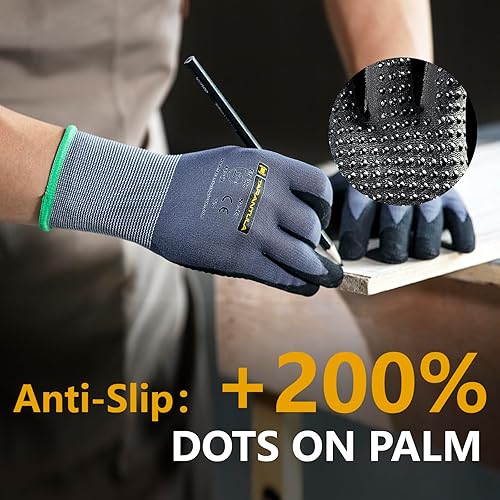 Miniatura 3 de Tarantula Guantes de trabajo de seguridad con revestimiento de nitrilo de microespuma, 12 pares, nailon de punto sin costuras, puntos en la palma,