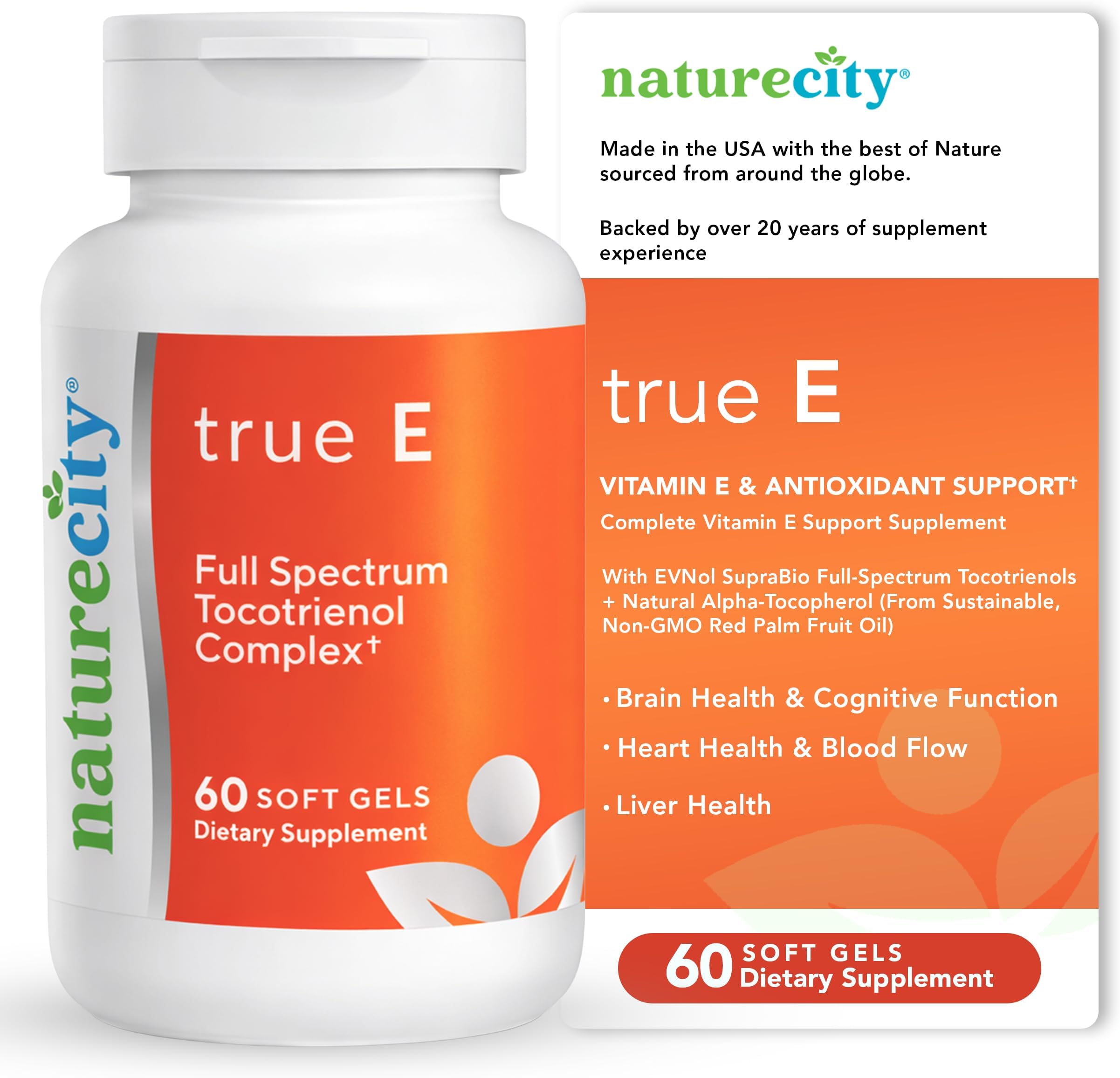 True-E Full Spectrum Tocotrienols Vitamin E & Natural Alpha Tocopherol Supplement | Sustainable Vitamin E Tocotrienols from Evnol Suprabio | Non-GMO Vitamin E Complex | 60 Soft gels