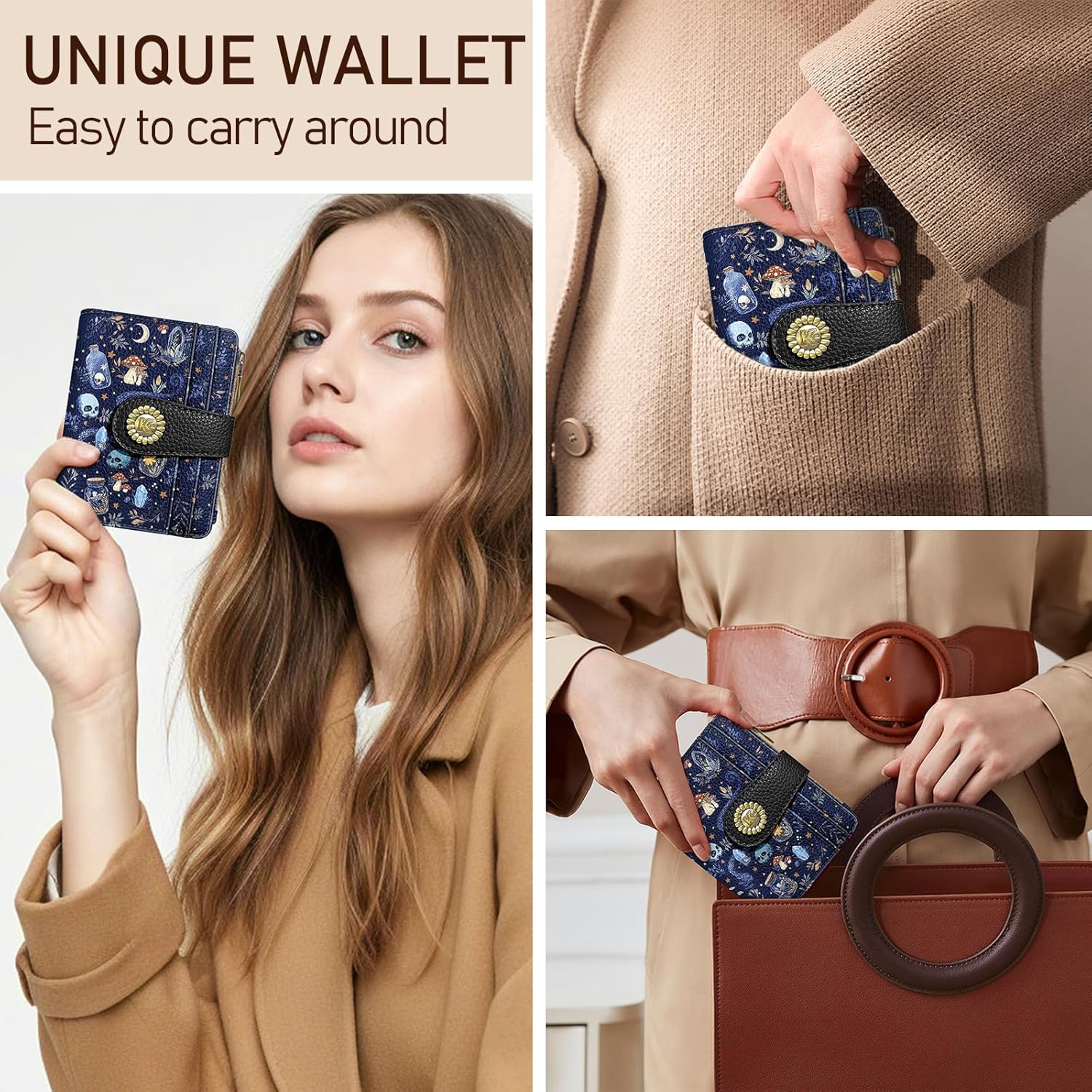 Skull Mushroom Snake Night Small Rfid Women Wallet Bifold Zipper Coin Pocket PU Leather Compact Cash Credit Card Holder Travel Wallet for Female Ladies Teen Girls 1 ID Window 10 Card Slots - Image 2