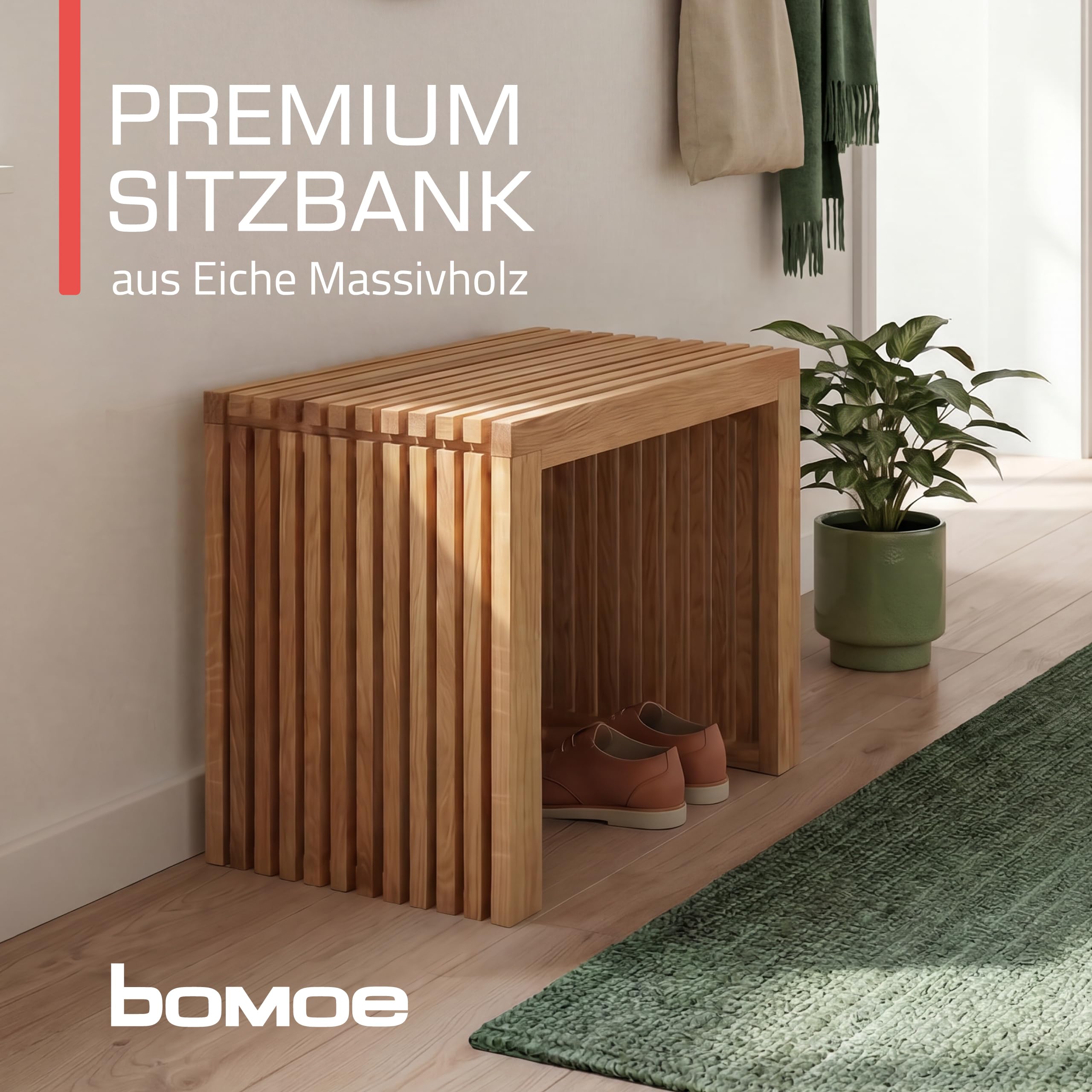 bomoe Lamellen-Hocker Holz FSC® Eichenholz für Küche und Badezimmer stabil | 45x33x43cm massiver langlebiger Sitzhocker Flur Garderobenhocker Schuhhocker Hocker Badhocker Sitzbank Eichberg