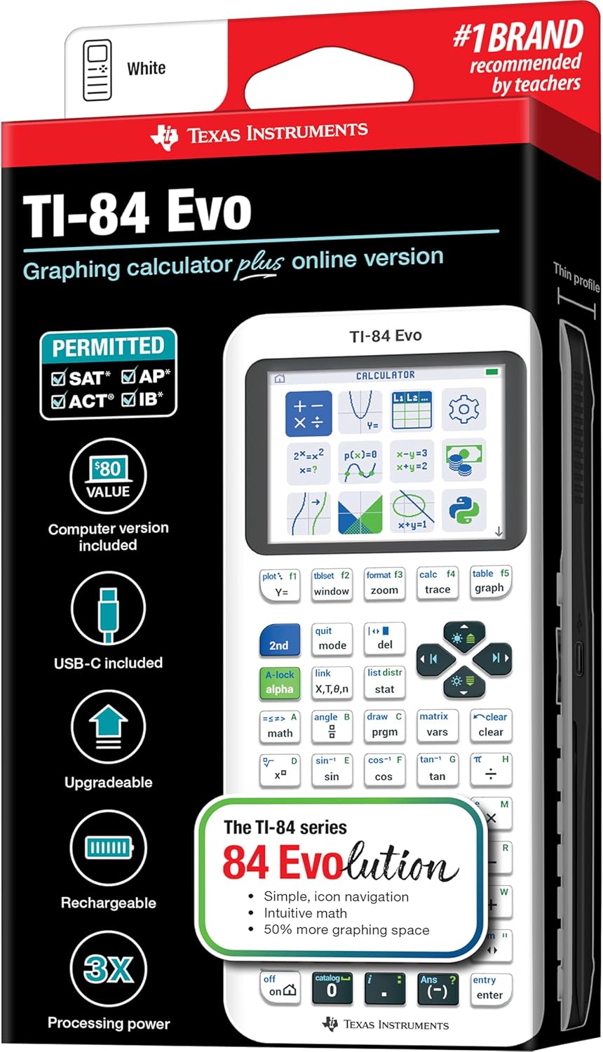 TI-84 Evo Graphing Calculator Texas Instruments, White – USB-C Charging, Python Programming, Faster Performance and Bigger Graphs Than TI-84 Plus CE