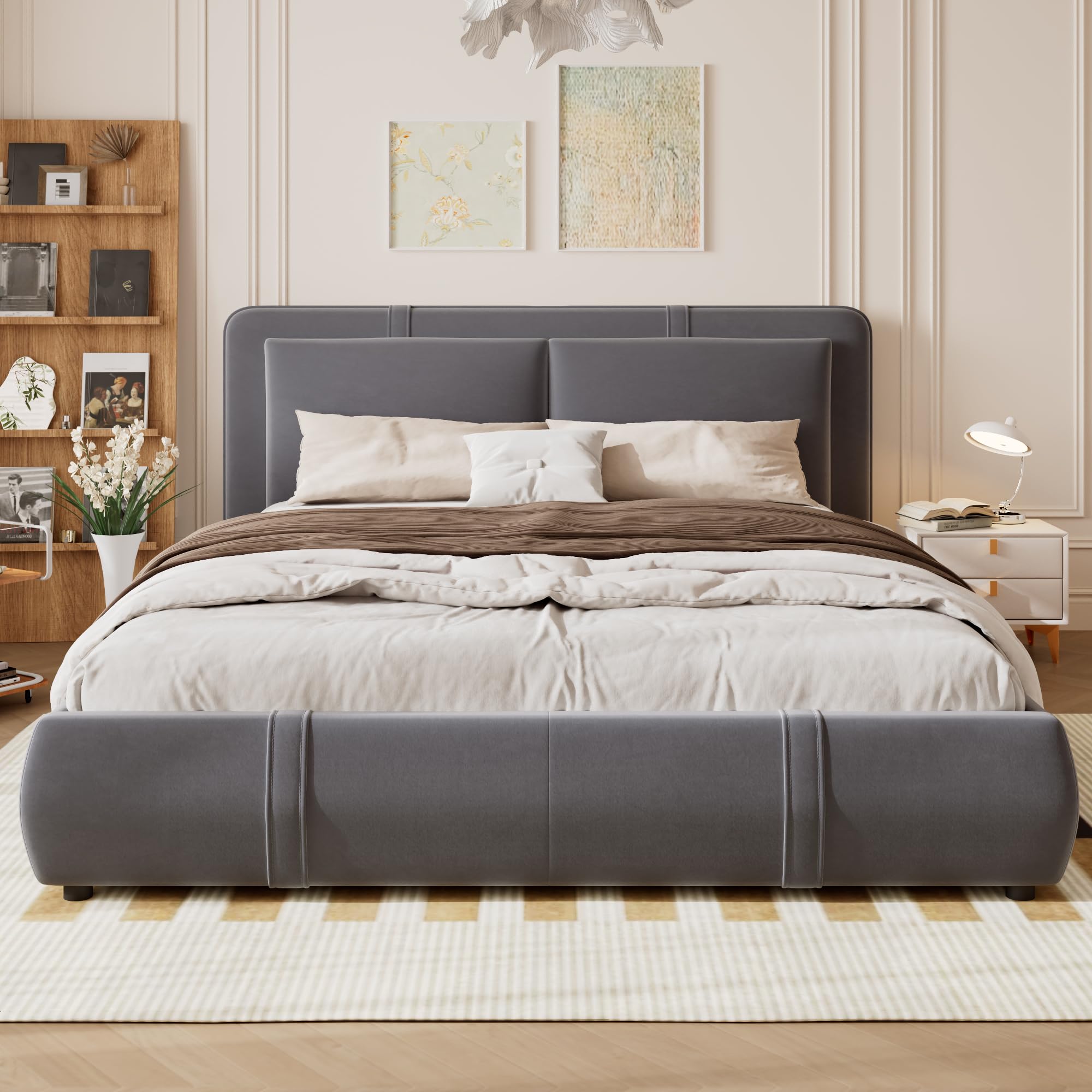 Ball & Cast Upholstered Bed Frame with Hydraulic Lift, 4FT6 Double Bed Frame with Storage, Functional Ottoman Bed, Sturdy Construction, Without Mattress, Elegant Velvet Finish, Grey, 135x190cm ﻿