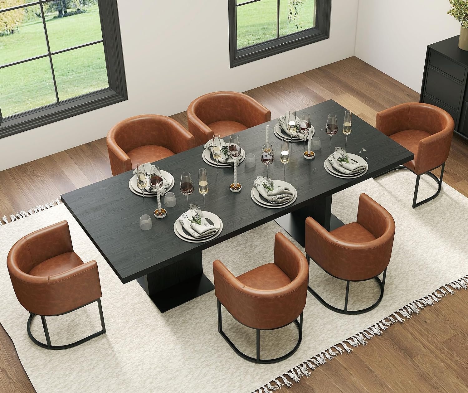 HNY Mid Century Modern Upholstered Barrel Dining Chairs with Arms Set of 4, Leather Kitchen & Dining Room Chairs, 18.5" Wide Accent Chairs for Dining Room Living Room with Black Metal Frame, Brown