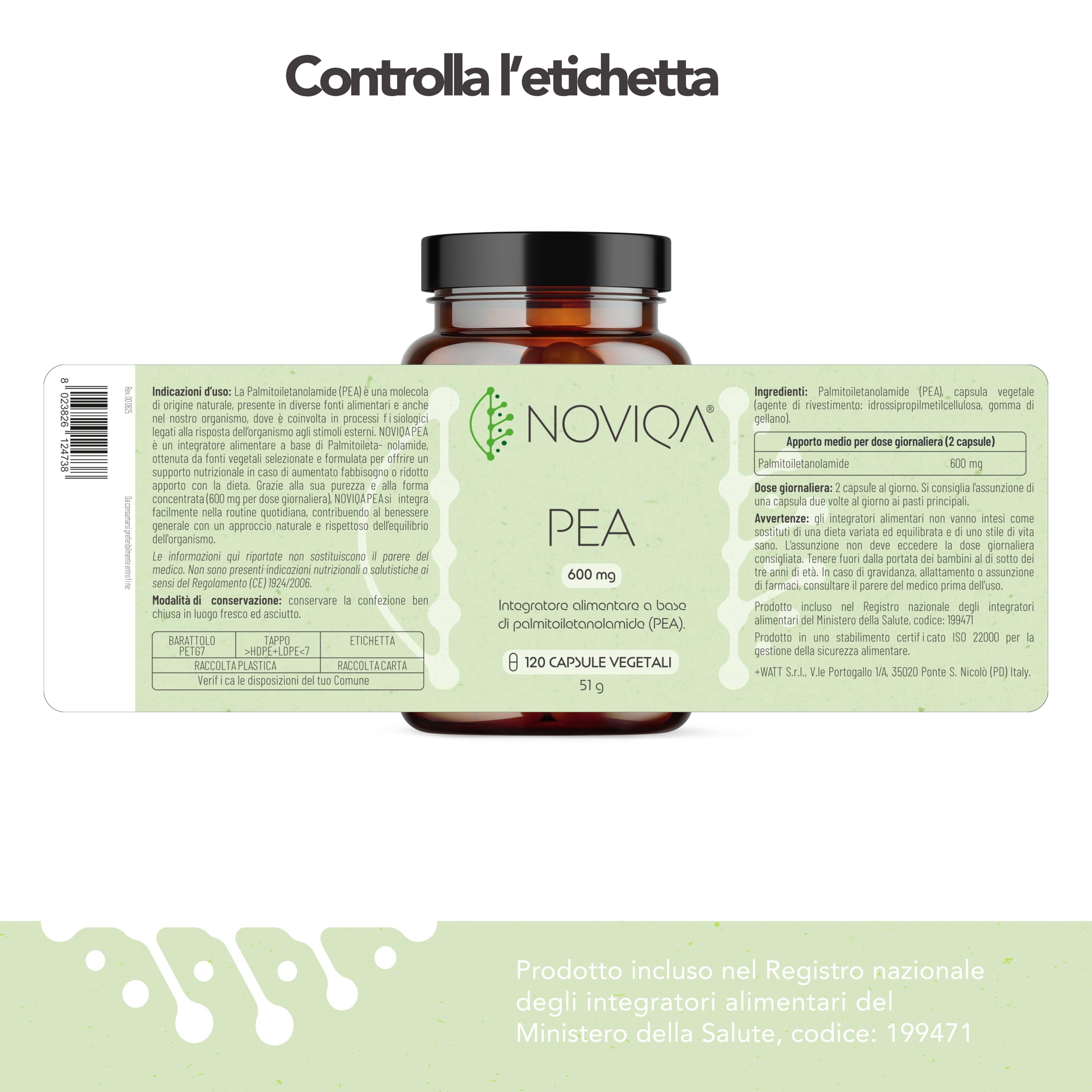 NOVIQA®, PEA Integratore 600 mg, Palmitoiletanolamide Naturale, 120 Capsule Vegane, Supporto per Benessere Articolare e Nervoso, Equilibrio e Concentrazione