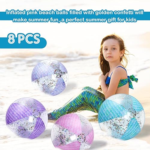 Miniatura 6 de Honoson Bola de playa de sirena de 12 pulgadas, bola de playa inflable gigante con purpurina, bola de playa con purpurina, regalos de fiesta de
