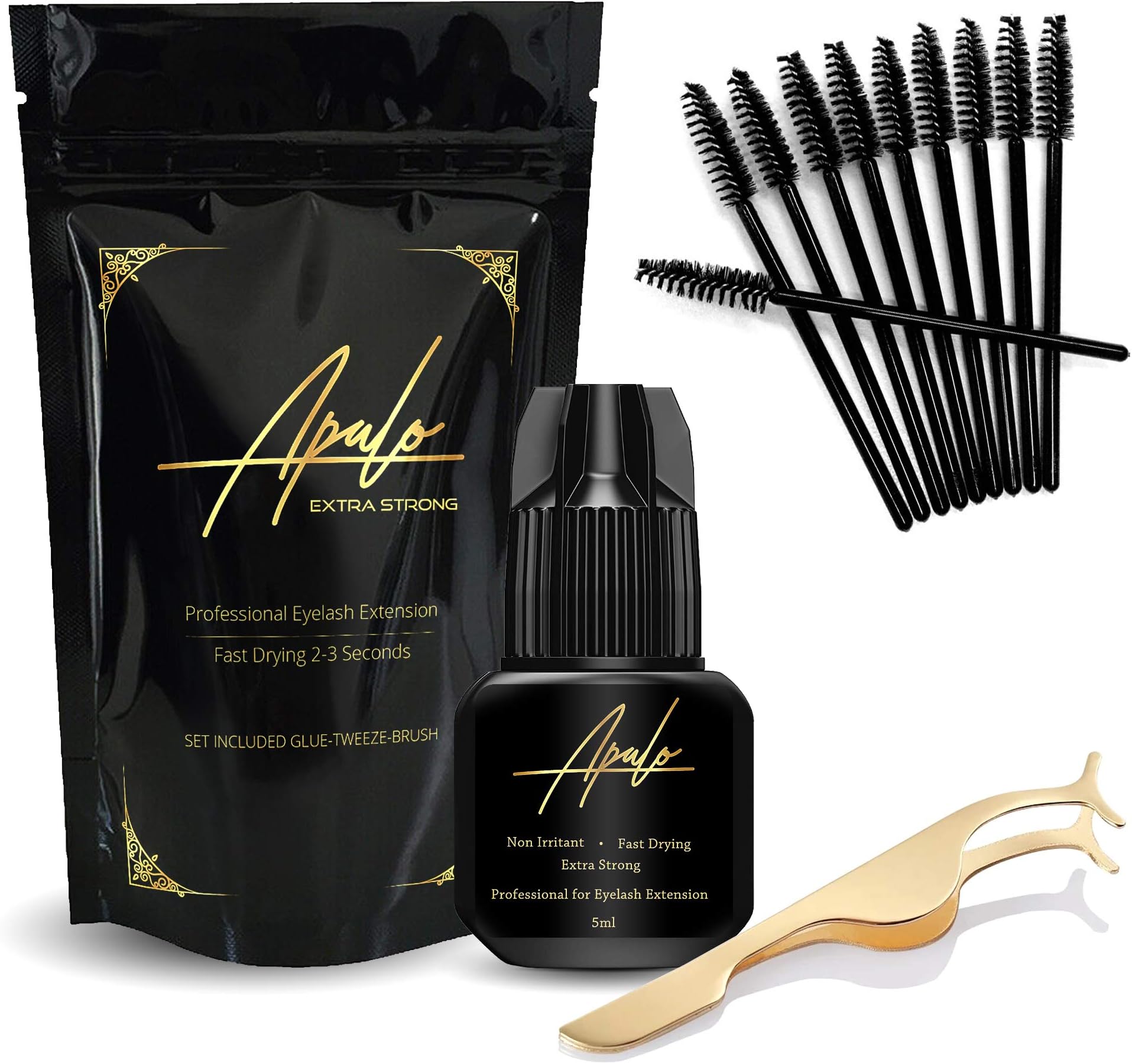 Extra Strength Eyelash Extension Glue & Remover Set, 50 Piece Kit w/Long Lasting Lash Glue, Professional Tweezers, Eyelash Brush, Quick Dry Eyelash Adhesive, Odor Free Glue, 2-3s Dry Time