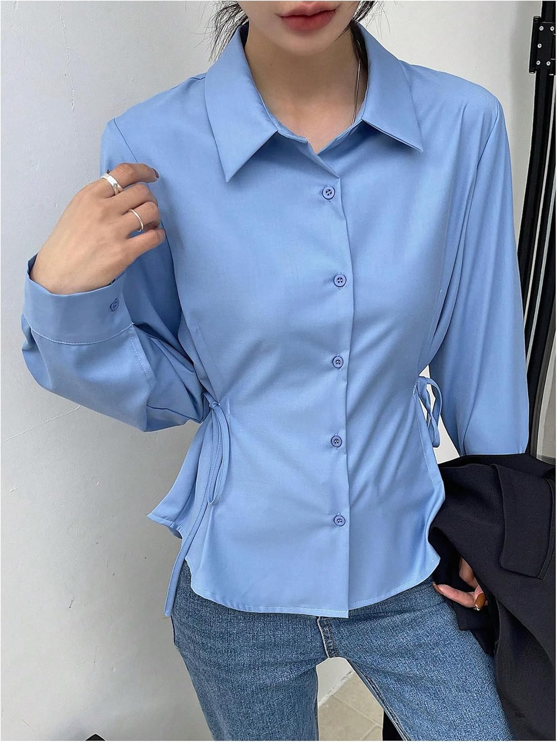 SweatyRocks Women's Button Down Long Sleeve Blouse Side Drawstring Shirt Work Business Tops - Image 5
