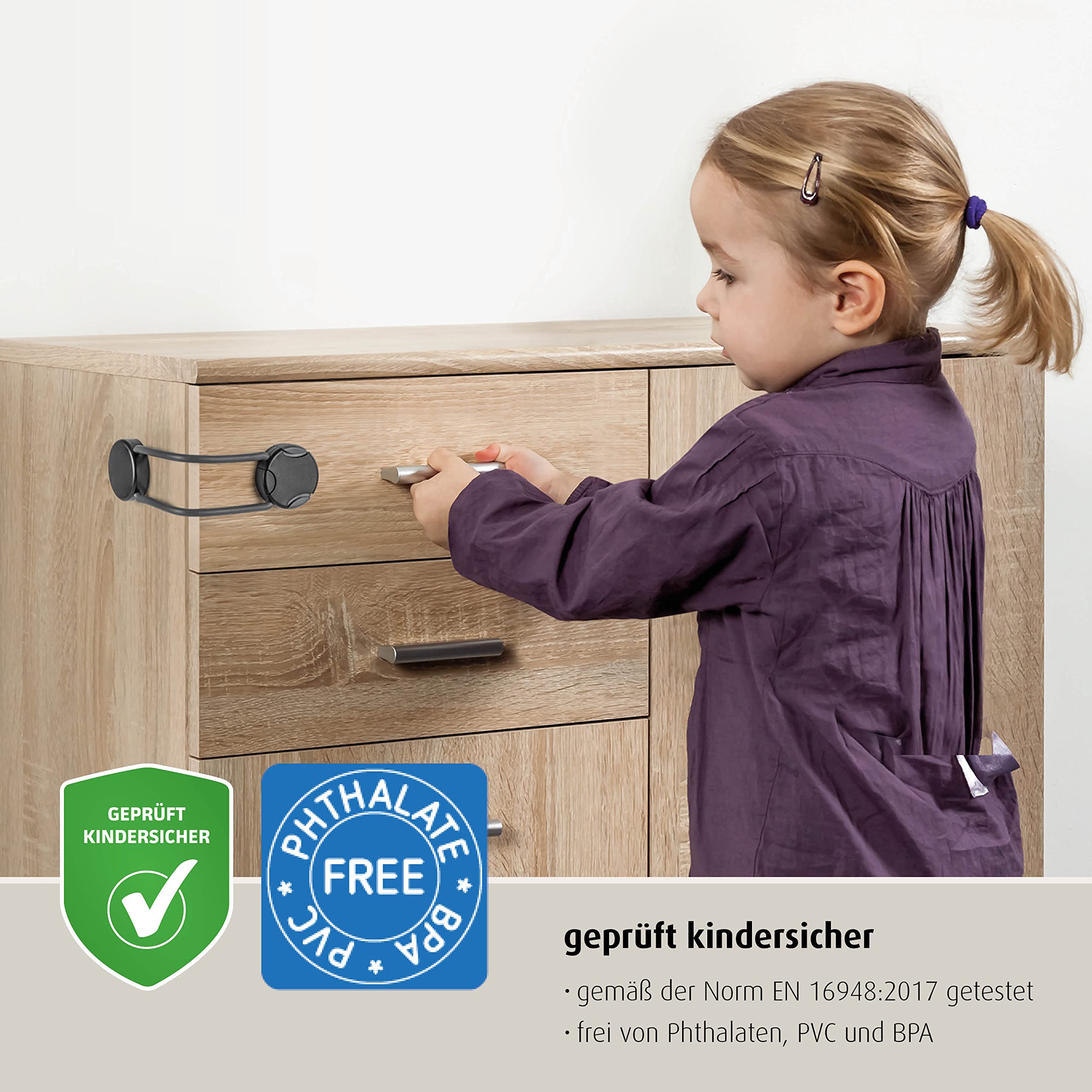 reer Multi-Safety 1 Piece Child Lock for Cupboard Drawer and More by Swabian Child Safety Experts, White, Charcoal - Image 2