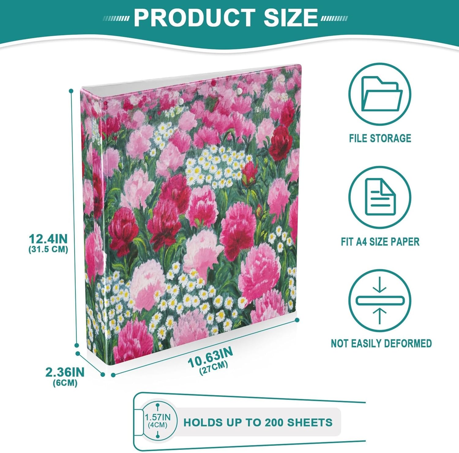 カスタム レッド ピンク 牡丹 ホワイト デイジー 3 リング 1.5インチ バインダー 200枚収納 ノートブックフォルダー プリ