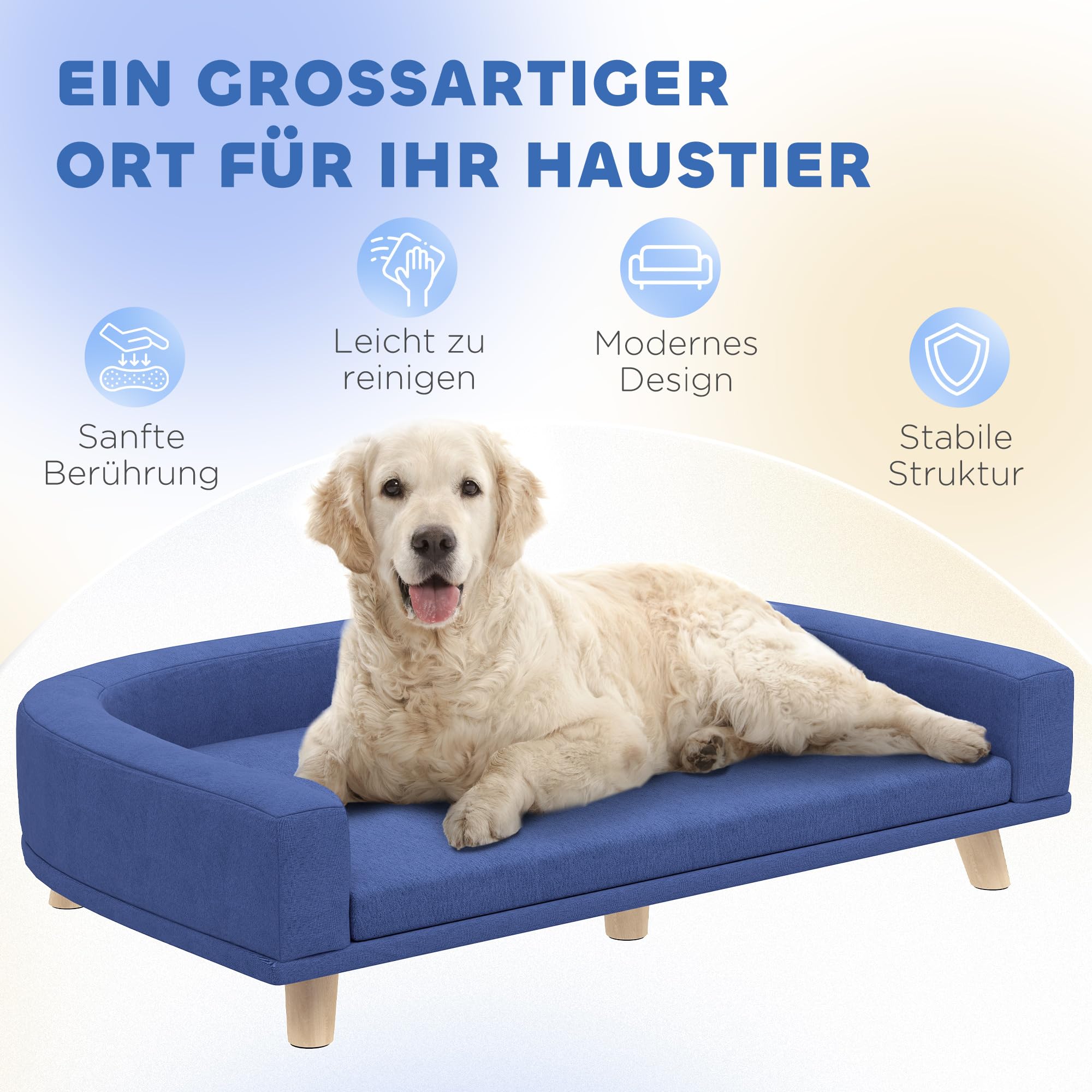 PawHut Divano per cani con gambe in legno, lavabile, con cuscino, per cani di taglia grande, 98 x 67 x 25 cm, blu