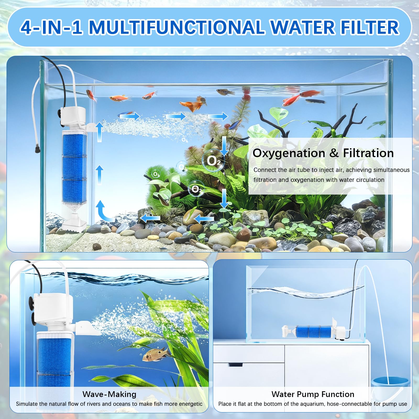 EXLECO Pompes et Filtres pour Aquarium 150-300L, 5 en 1 Réglable Pompe Aquarium Filtre et Oxygène, Pompage, Wavemaker, Moteur Aquariums Silencieux 1200L/H 15W Éponge Filtrante Réutilisable d'eau Douce