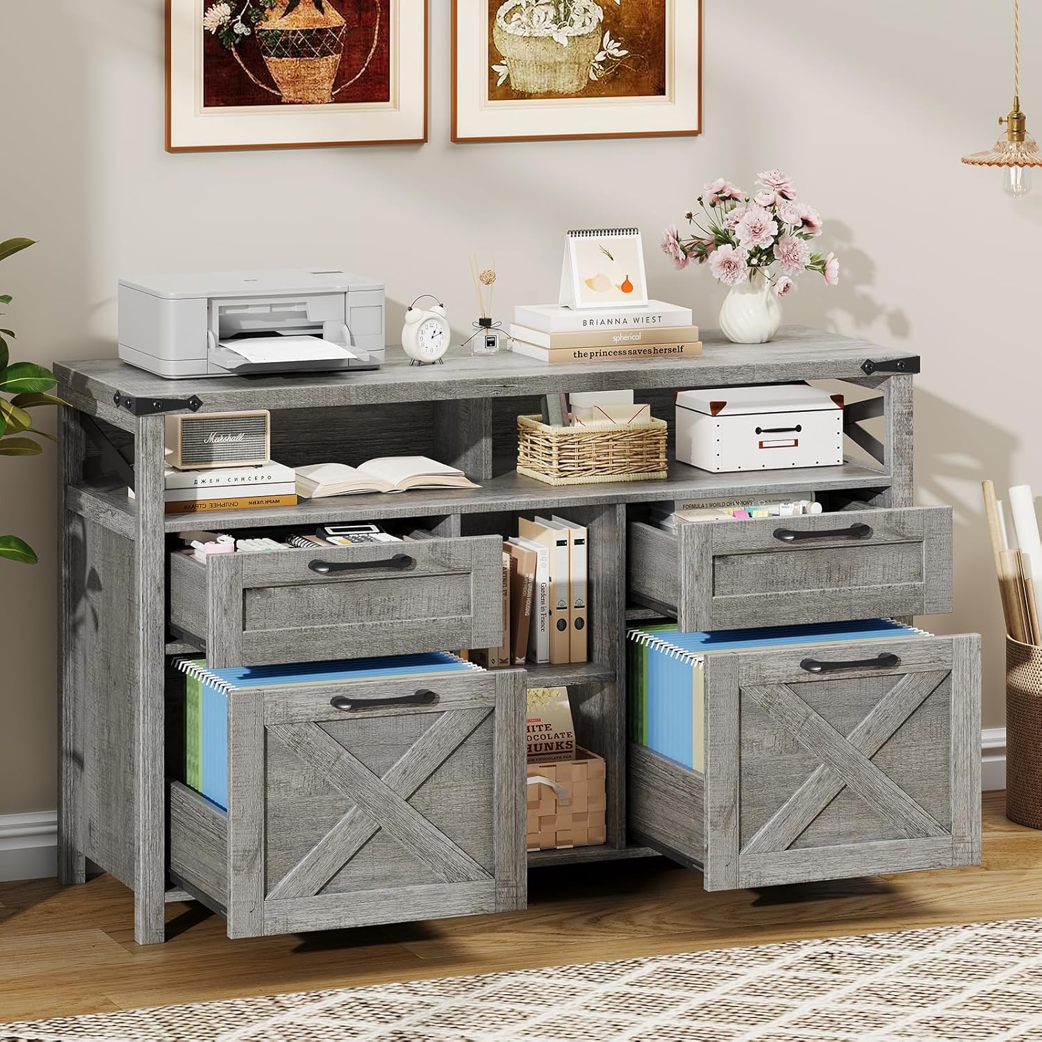 Filing Organization Storage Cabinets 4 Drawer with Adjustable Shelf, Lateral Filing Cabinet with Open Storage Shelf for Home Office, Farmhouse File Cabinets for Hanging Files Letter/A4.Gray