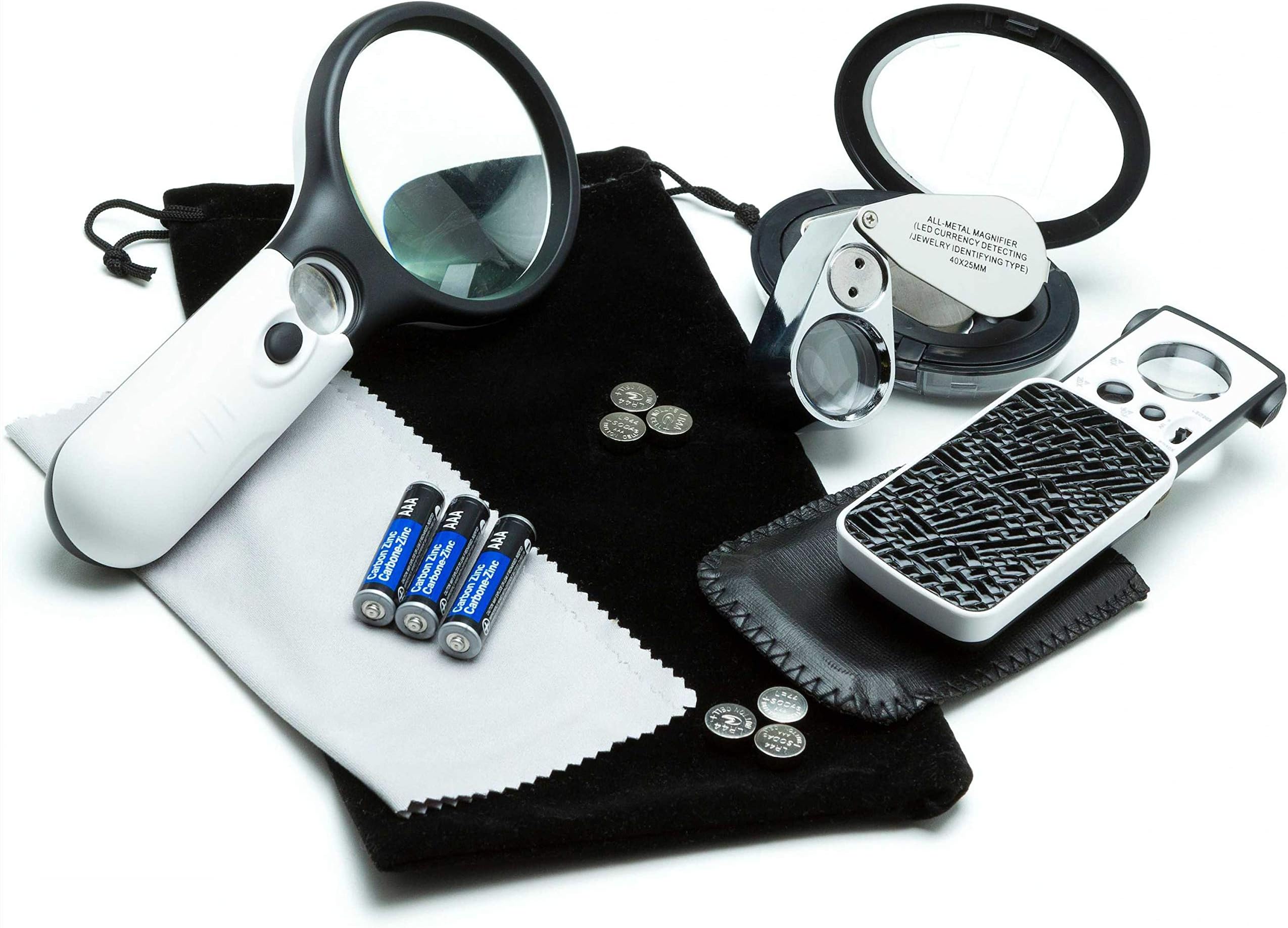 3 Loupe Bundle Includes a 3X Magnifying Glass with Light Plus 45x Lighted Magnifying Glass Loupe, & a Pocket Magnifier Coin Loupe with 10x 20x 30x Lenses & a 40x Jewelers Loupe Magnifier with Light