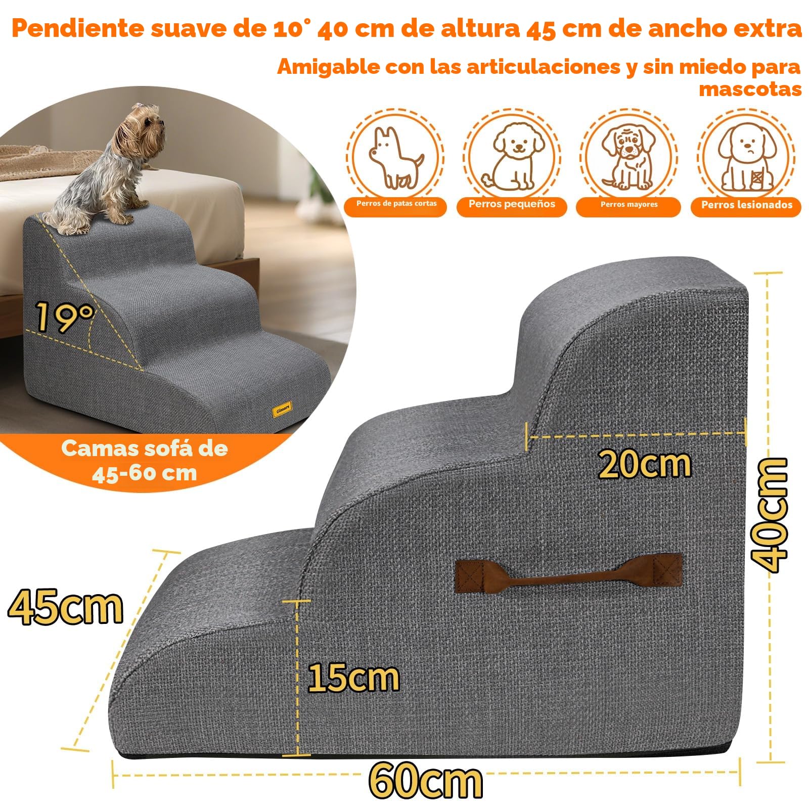Gimars Escalera para Perros con Espuma 30D, 3 escalones estables de 40 cm, Funda Lavable, Base Antideslizante, rampa para Perros pequeña, Escalera Perro para Cama, sofá, Coche