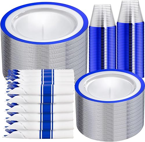 I00000 350 platos de plástico azul oscuro, platos desechables transparentes para 50 invitados, vajilla azul incluye 50 platos llanos, 50 platos de