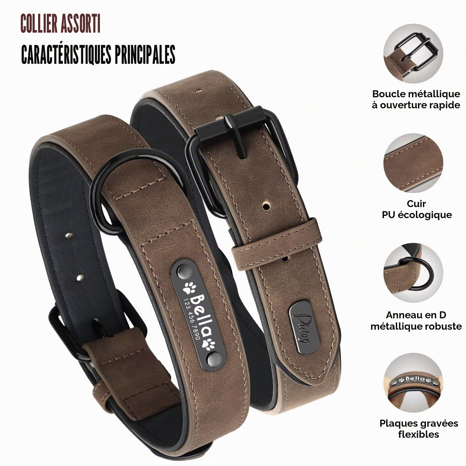 Didog Collier de Chien en Cuir Souple rembourré personnalisé, Plaque avec Gravure, Tailles Petite, Moyenne ou Grande