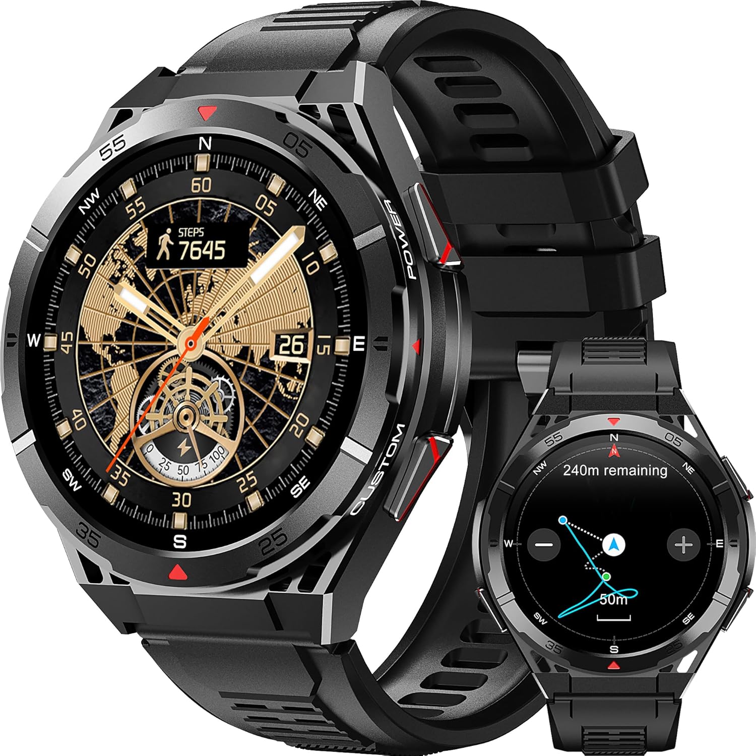 Military GPS Smart Watch: 1.43” AMOLED Always On Display, Built-In GPS, Compass, Altimeter, Barometer, Fitness/Path Tracker, BT Call, 150+ Sports, IP69K, Voice Assist, Long Battery Life, Android/iOS