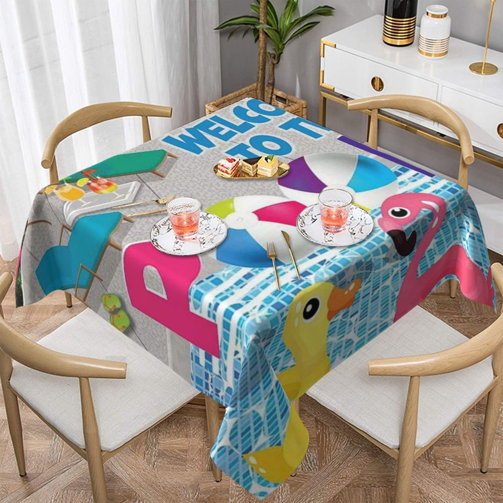 DCEHGEW Flamingo and swimming pool Prints Square Tablecloth 152x152 CM, Waterproof Fabric Table Cloth for Dining Table, Farmhouse Table Cover for Kitchen Dining Tabletop Decoration