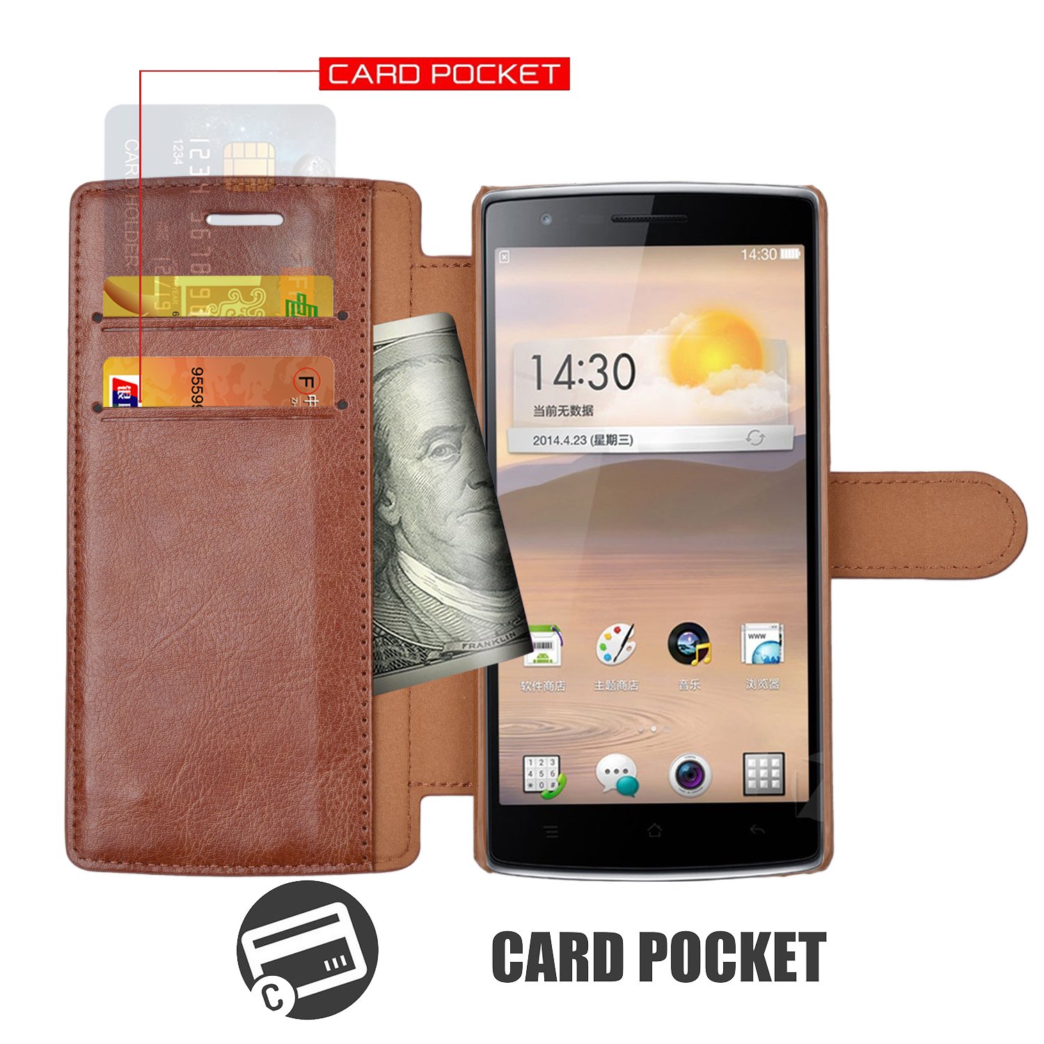 Mulbess Custodia In Pelle Con Magnetica Per OnePlus One (2014) - Marrone - Portafoglio Con Slot Per Carte - 2