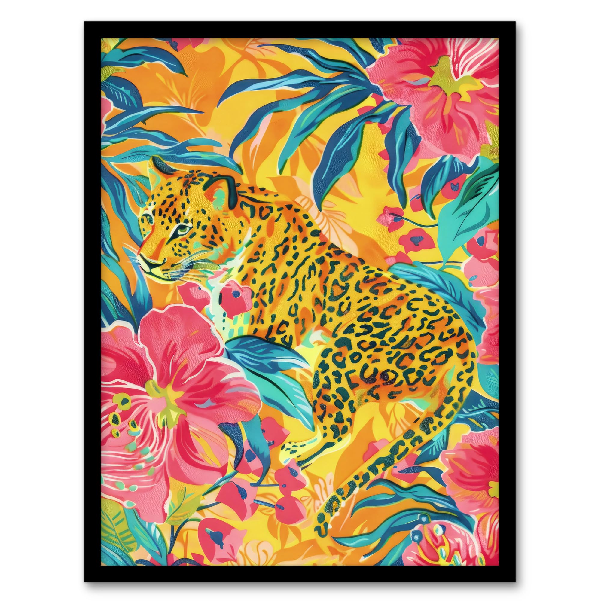 Artery8 Leopard in Pink Lily Jungle Vibrant Painting For Living Room Artwork Framed Wall Art Print A4