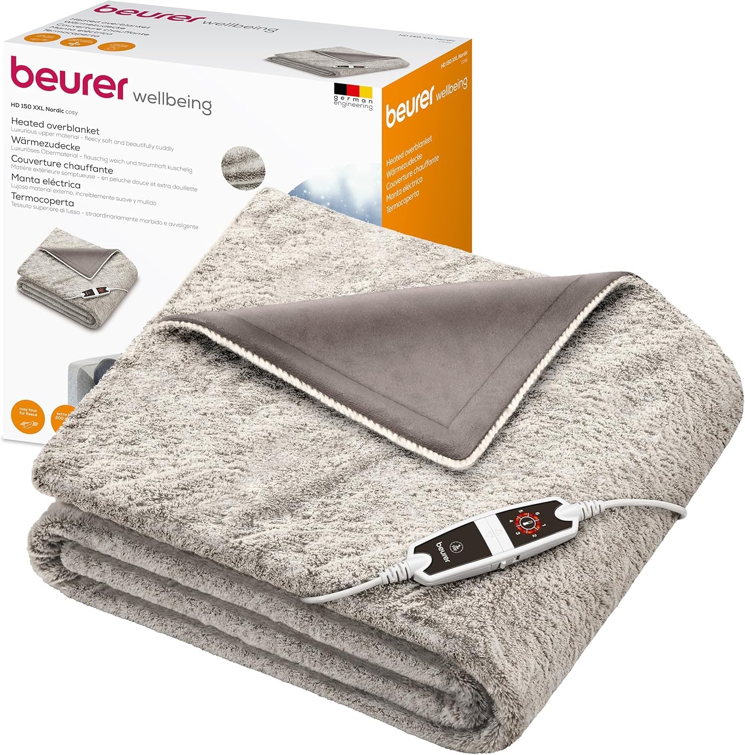 Beurer HD 150 XXL Nordic couverture chauffante électrique avec arrêt automatique, 200 x 150 cm, 6 réglages de température, lavable en machine, couverture confortable en apparence de fourrure