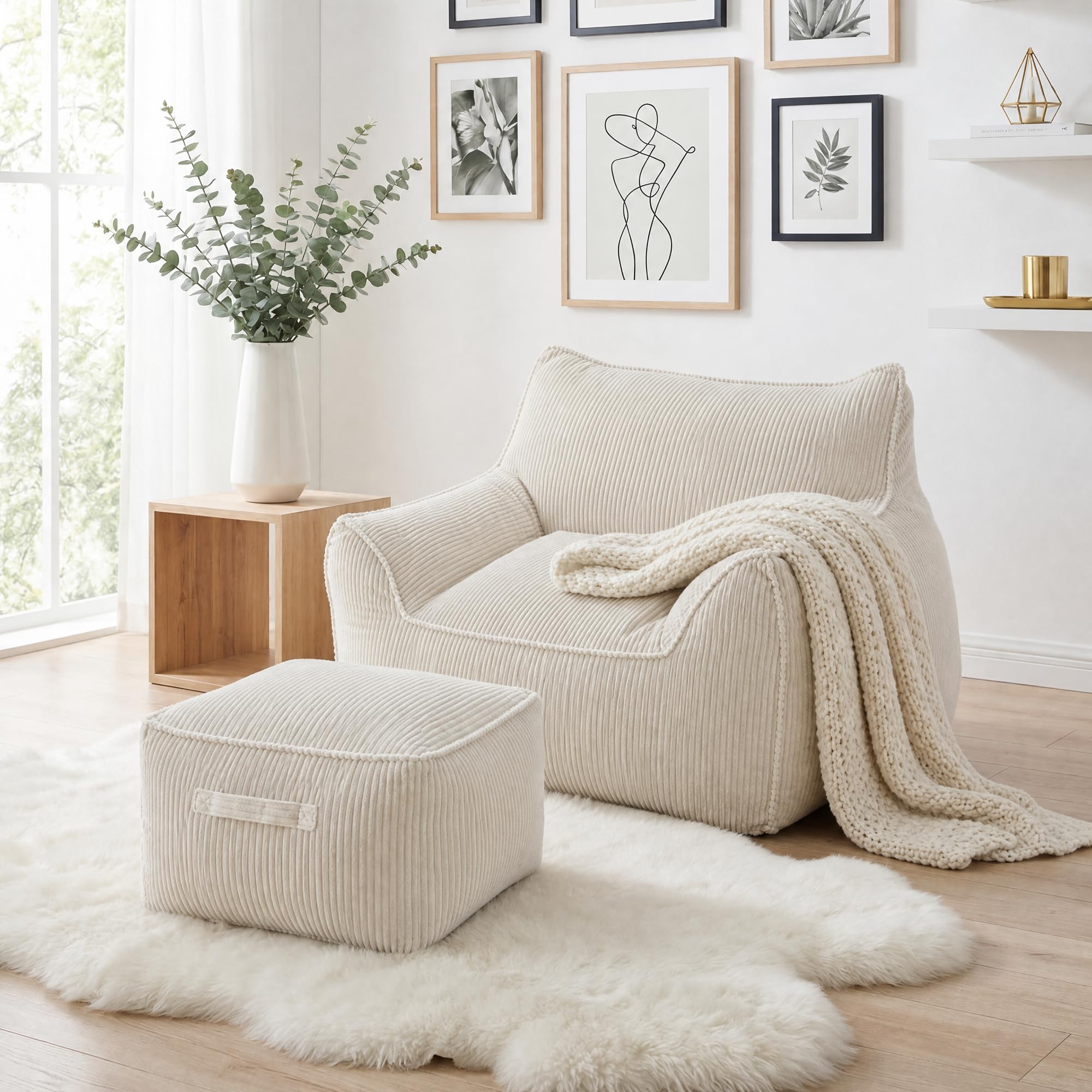 PREMTURE 117cm XL Floor Sofa Bean Bag Chair with Footstool - Corduroy Lounge Set, Cream White