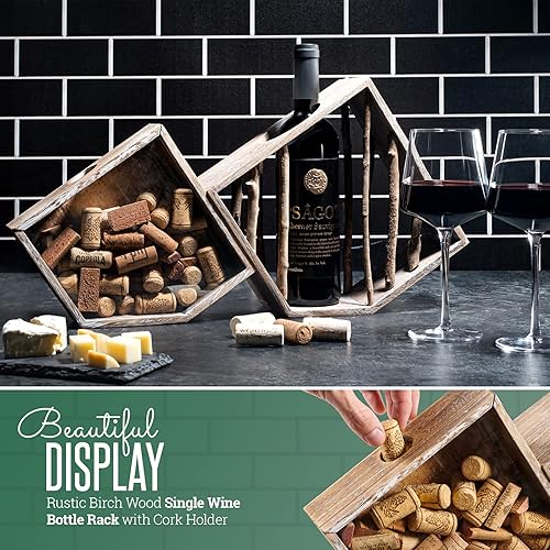 Miniatura 2 de Soporte para botellas de vino Estante individual de madera de abedul rústico para botellas de vino con soporte de corcho, vitrina de madera