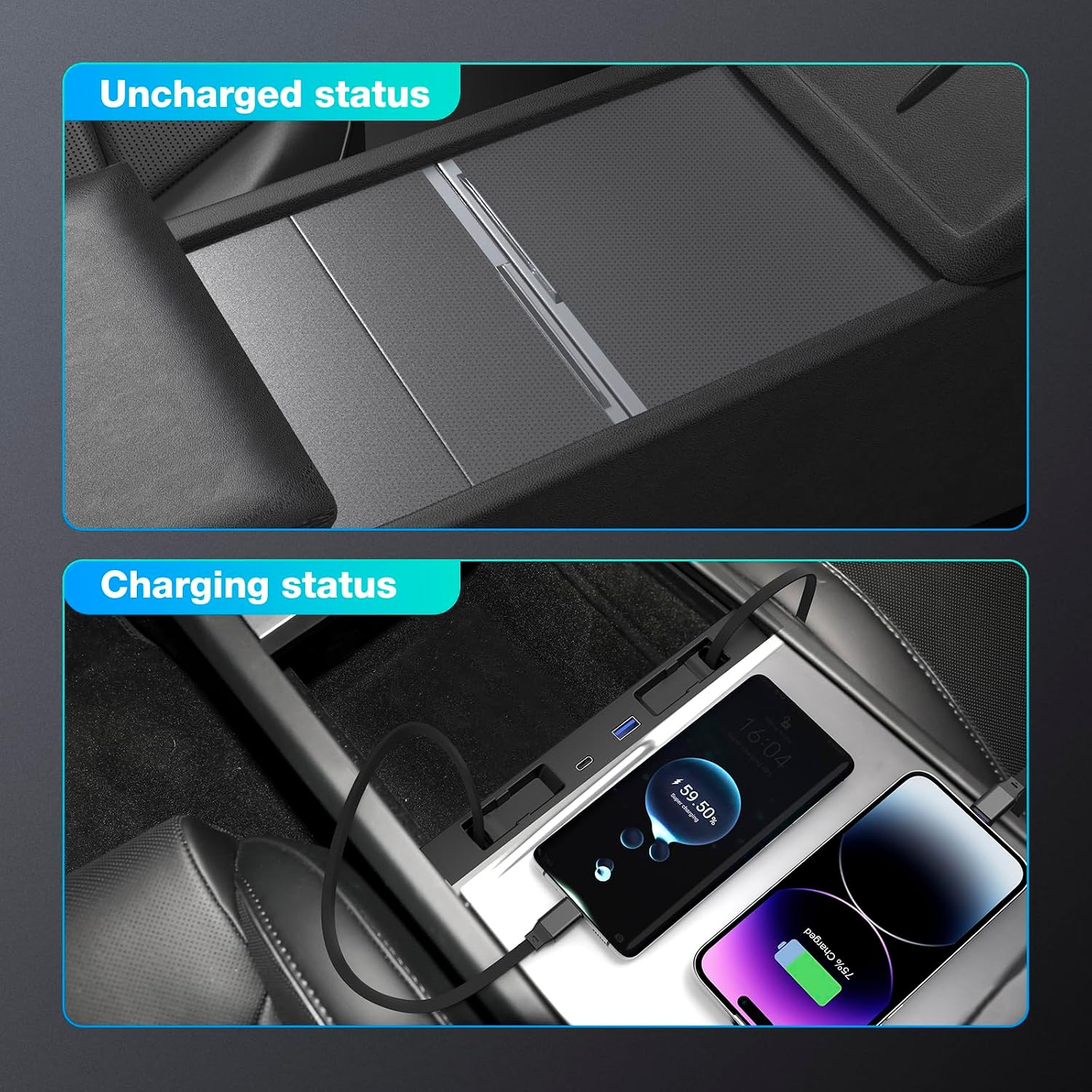 Retractable Center Console USB Hub for Tesla Model 3 Highland/Model Y Juniper, THELIFELICIOUS Model 3 Accessories Car Phone Charger, Fast Charging Docking Station