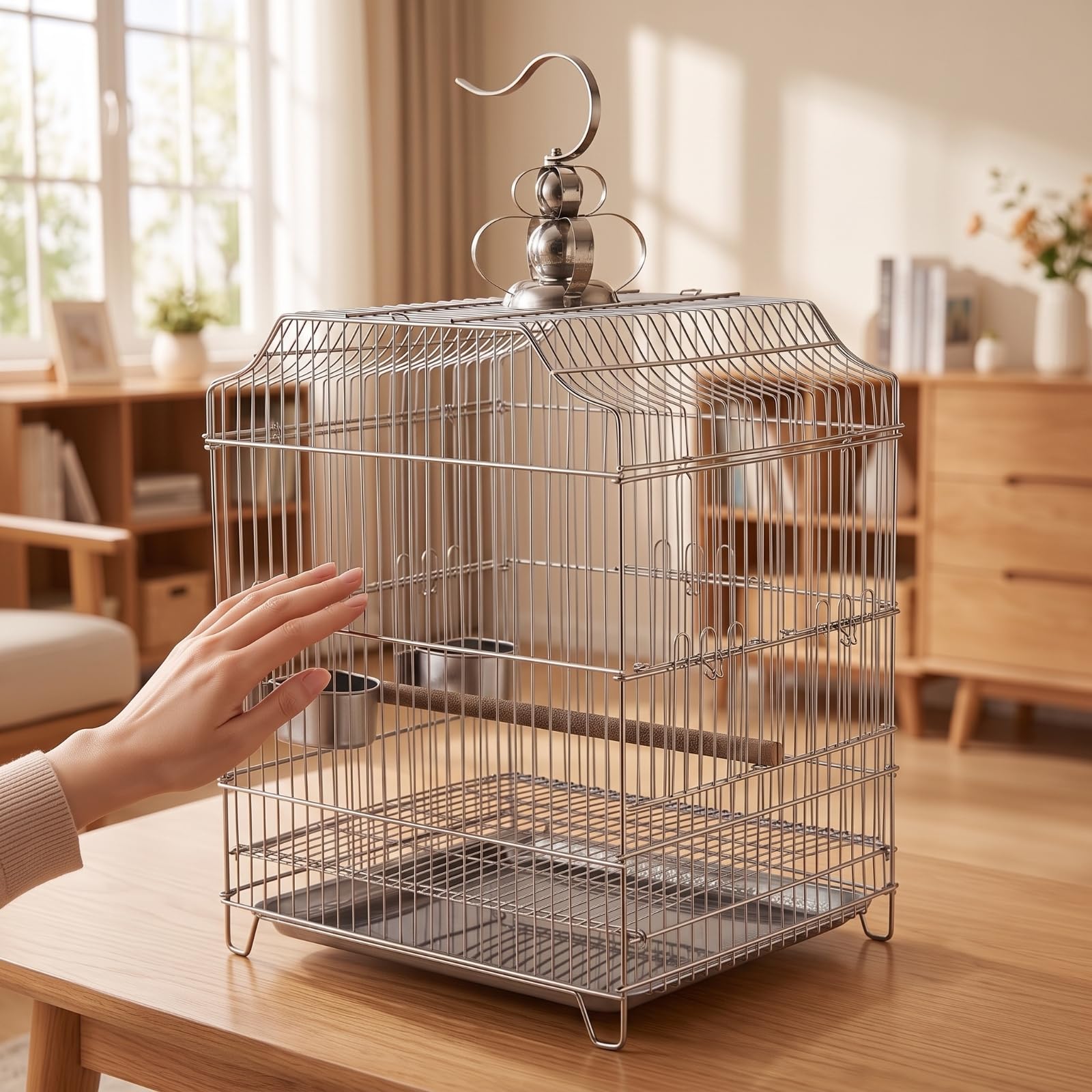 Edelstahl-Vogelkäfig hausnehmbar Vogelkäfig mit Kotschublade quadratisch Vogelvolie für Vogelbesitz, Wellensittichhalt, Wohnzimm, 31x31x58.5 cm
