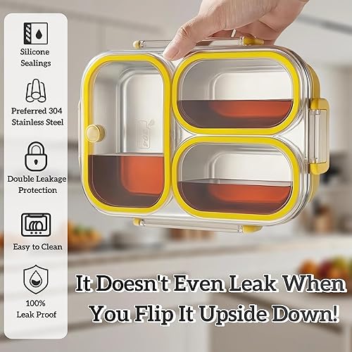 Miniatura 5 de Caja de almuerzo de acero inoxidable para niños, caja Bento de 3 compartimentos con tapa  Envase de alimentos de metal a prueba de fugas y ecológico