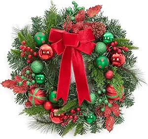 GarveeHome Pre-Lit Christmas Wreath for Front Door, 22 Inch Large Outdoor Christmas Wreath, Battery Operated Lighted Xmas Wreath with Red Green Balls Velvet Ribbon for Fireplace Window Wall Decor