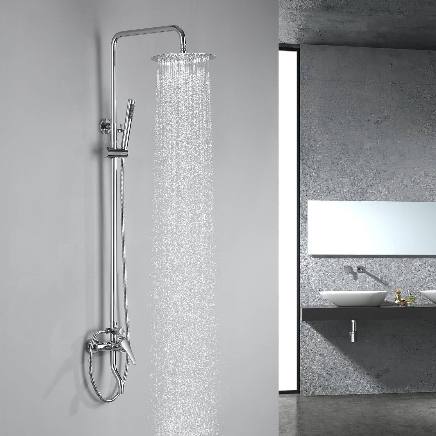 Outdoor Shower Fixtures - Total Complete Shower Kit, Chrome Finish with SS304 Handheld High Pressure Shower Head, 3-Functions