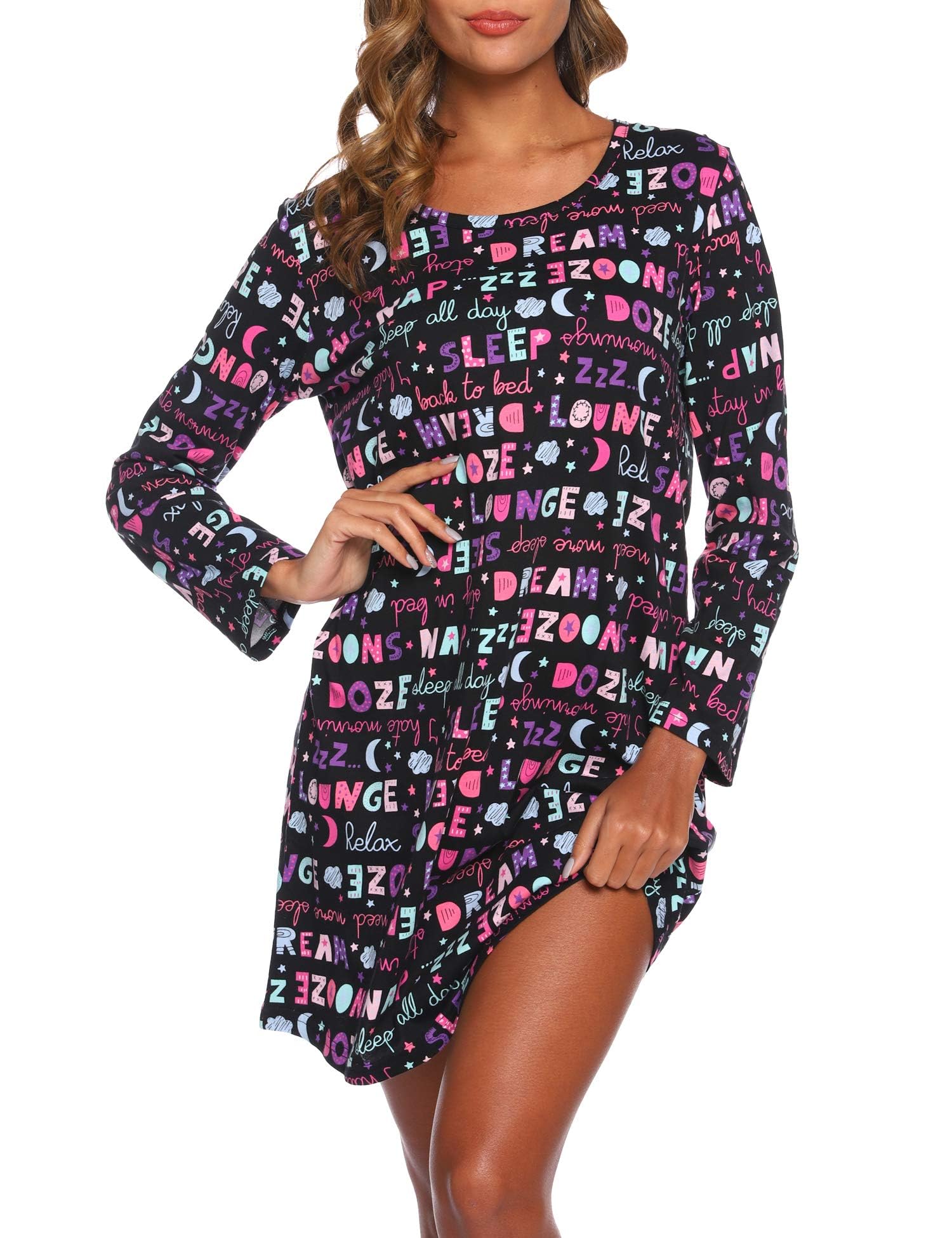 ENJOYNIGHT Women's Cotton Nightgown Long Sleeve Nightshirts Print Tee Sleep Dress