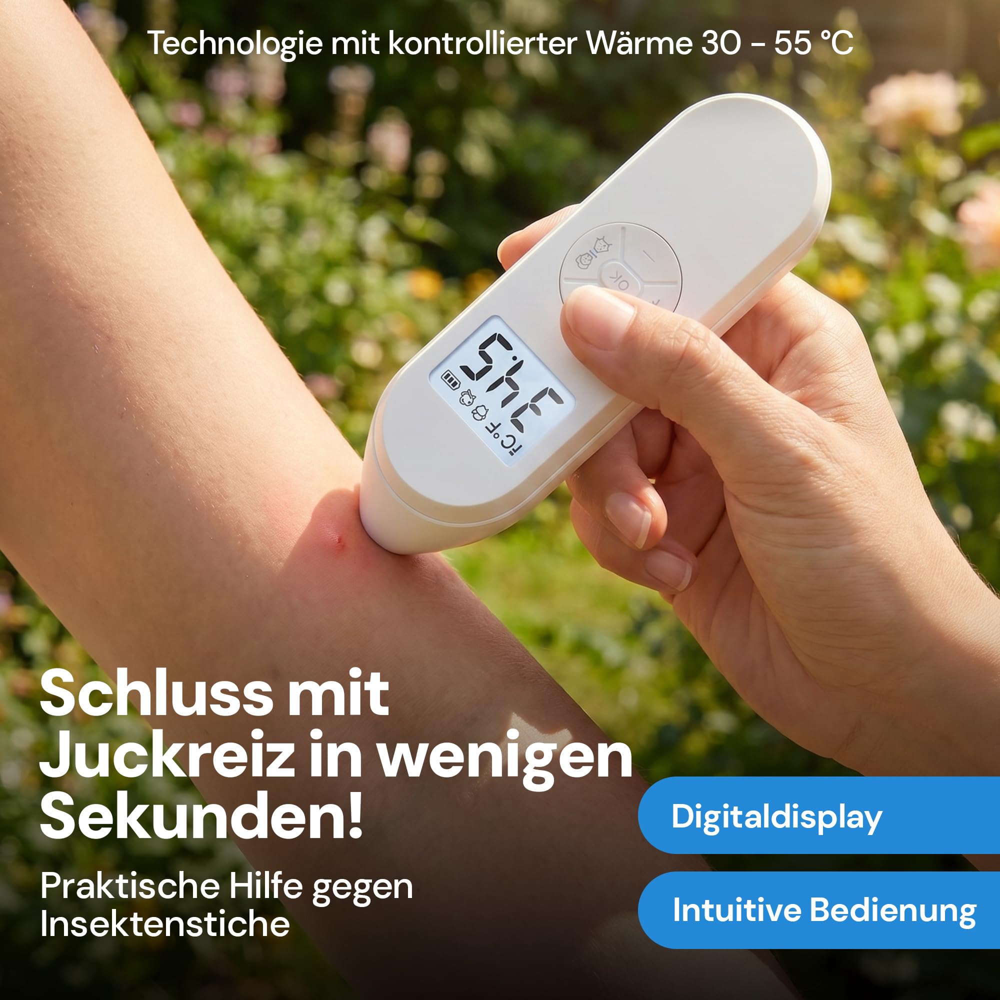 Mückenstich Hitzestift - Elektrischer Insektenstichheiler gegen Mücken- & Insektenstiche, LCD-Display, 30-55°C, USB-C, Kinder & Erwachsene