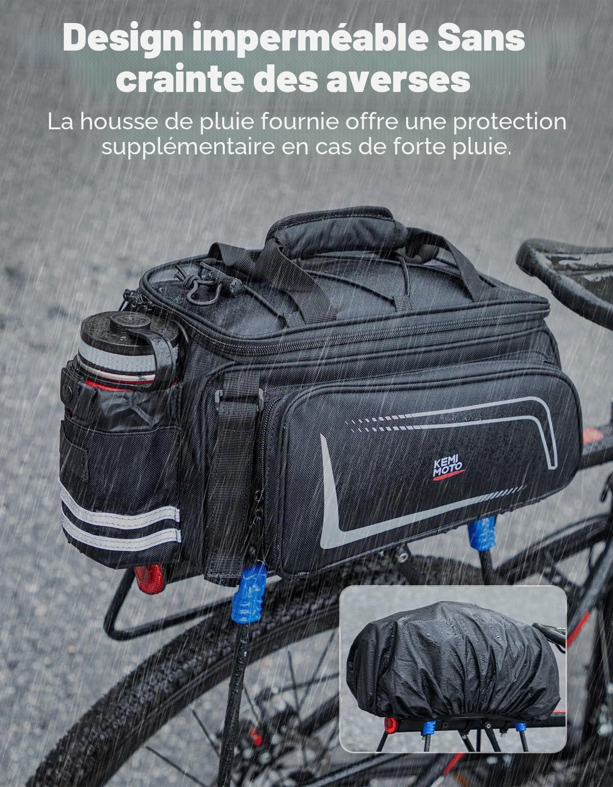 KEMIMOTO Sacoche Vélo Porte Bagage Arriere, 9 à 15L Sacoches Vélo 2 en 1 Grande Capacité avec Housse Imperméable, Sac Velo de Rangement Arrière pour Cyclisme VTT Voyage Sport