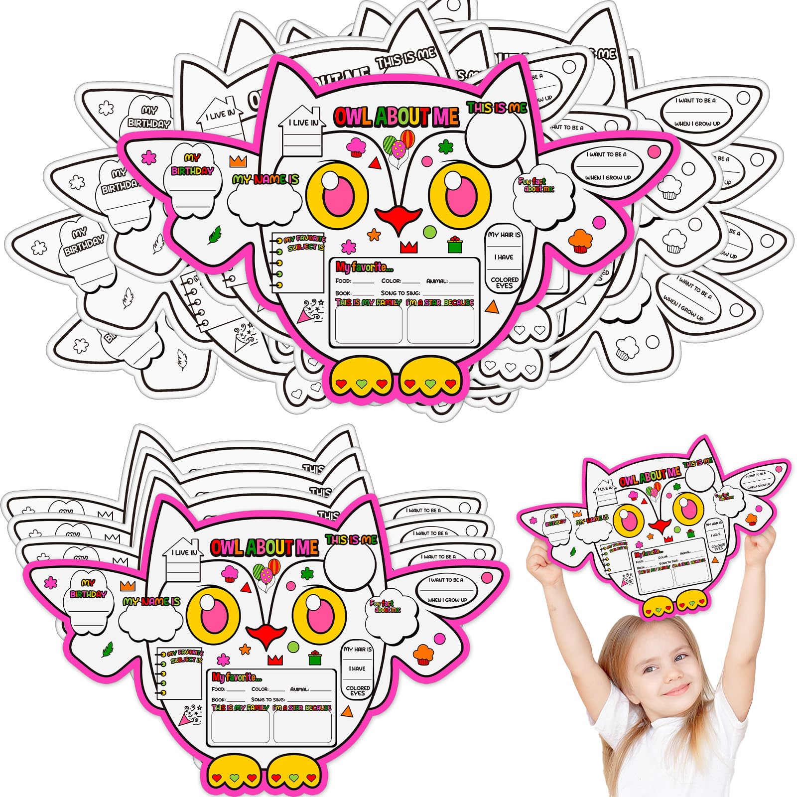 Colarr 60 Pcs All About Me Poster Owl All About Me Student Posters DIY Decorate and Fill in Preschool Posters for Toddler Kids Students Classroom Home Daycare Learning Educational School Supplies