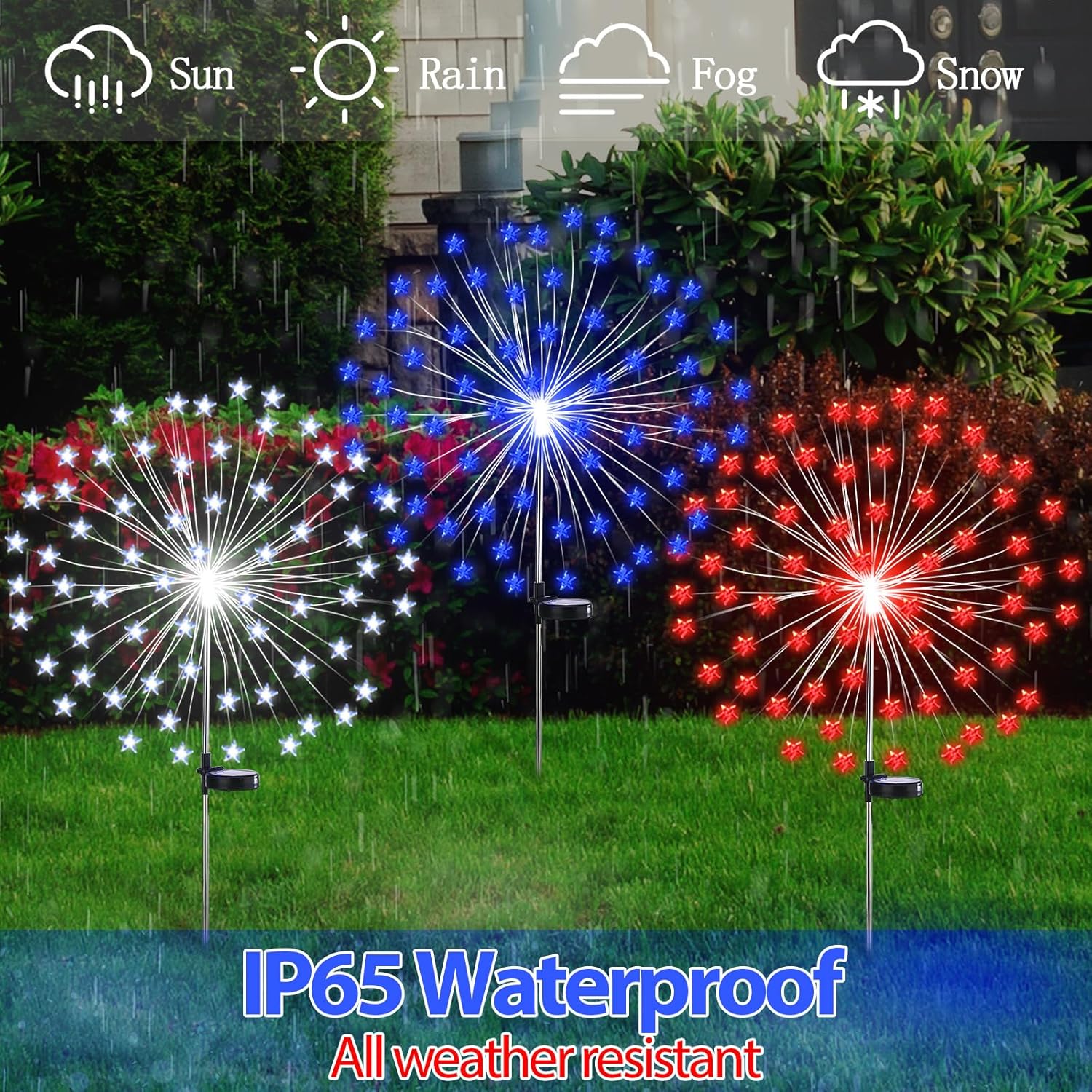 6 Pcs Patriotic Outdoor Decorations 4th of July Decor 63.4" Solar Firework Lights with 90 LED 8 Modes Star 250th Red White Blue Garden Pathway Solar Power Stake Waterproof Memorial Day Decoration