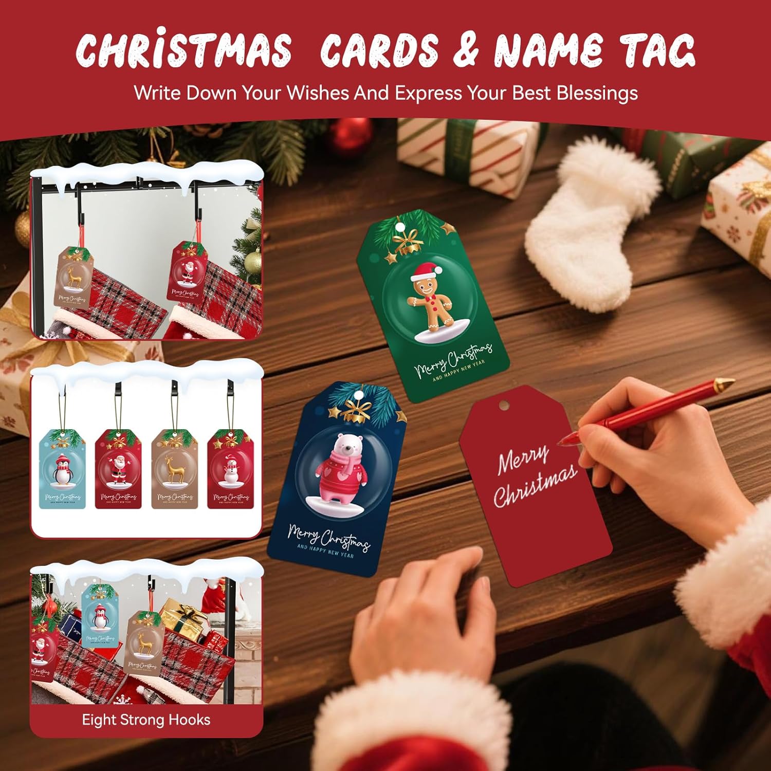 3.5Ft Christmas Stocking Holder, Freestanding Stocking Holder Stand- Included 4 Xmas Socks, 8 Hooks & 6 Holiday Cards, 25 LBS Max Load Capacity Metal Holiday Decor Hanger Display for Home, Living Room