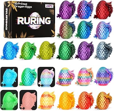 24PC 3D Printed Dragon Easter Eggs,Easter Basket Stuffers with Dragon Inside Stress Relief Fidget Toy,Fantasy Office Desk Decor Surprise 3D Printed Animals Toy,Unique Easter Eggs Gifts for Aduls Kids