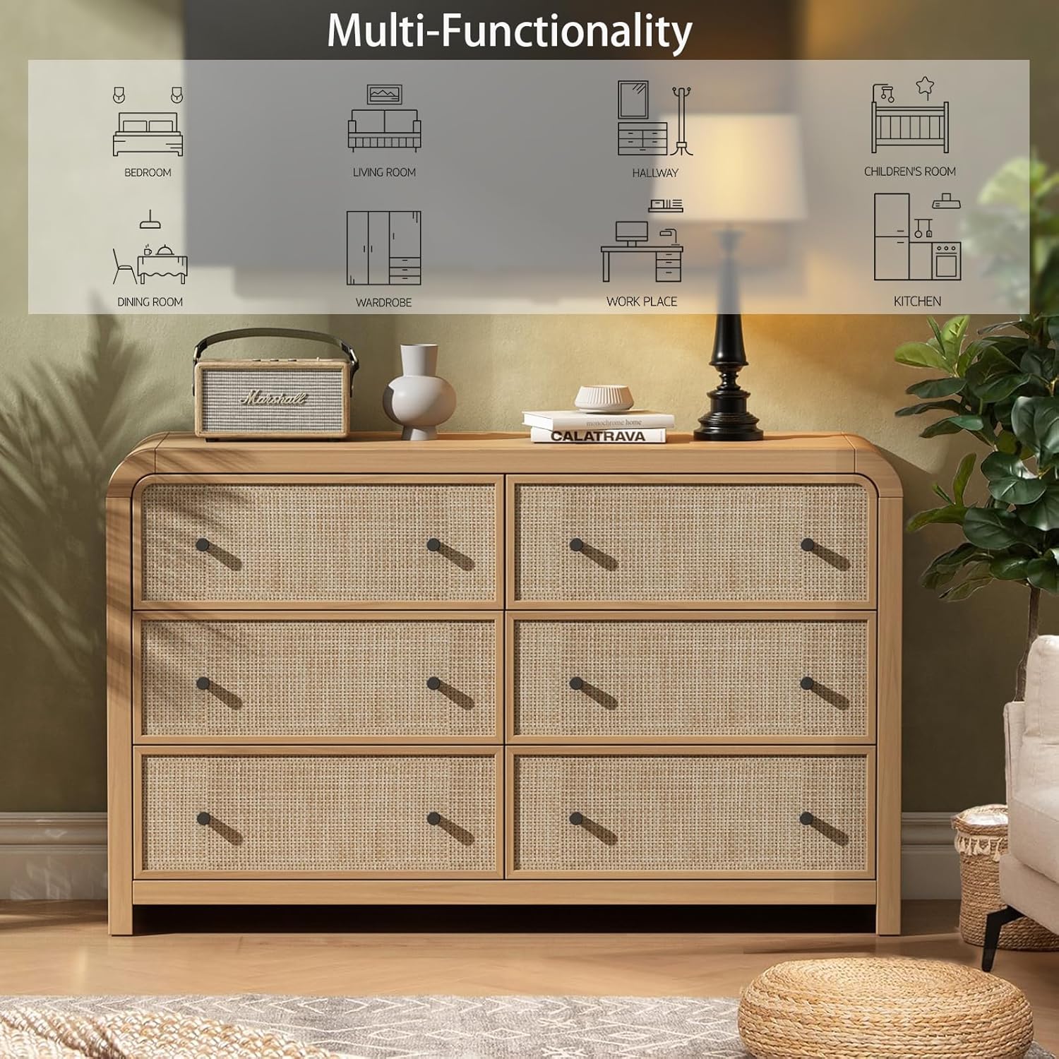 Oak&Sparrow 6 Drawer Dresser for Bedroom, 49'' Rattan Dresser with Ample Storage, Boho Chest of Drawers, Thickened Curved Profile Design, Oak Dressers for Bedroom, Living Room