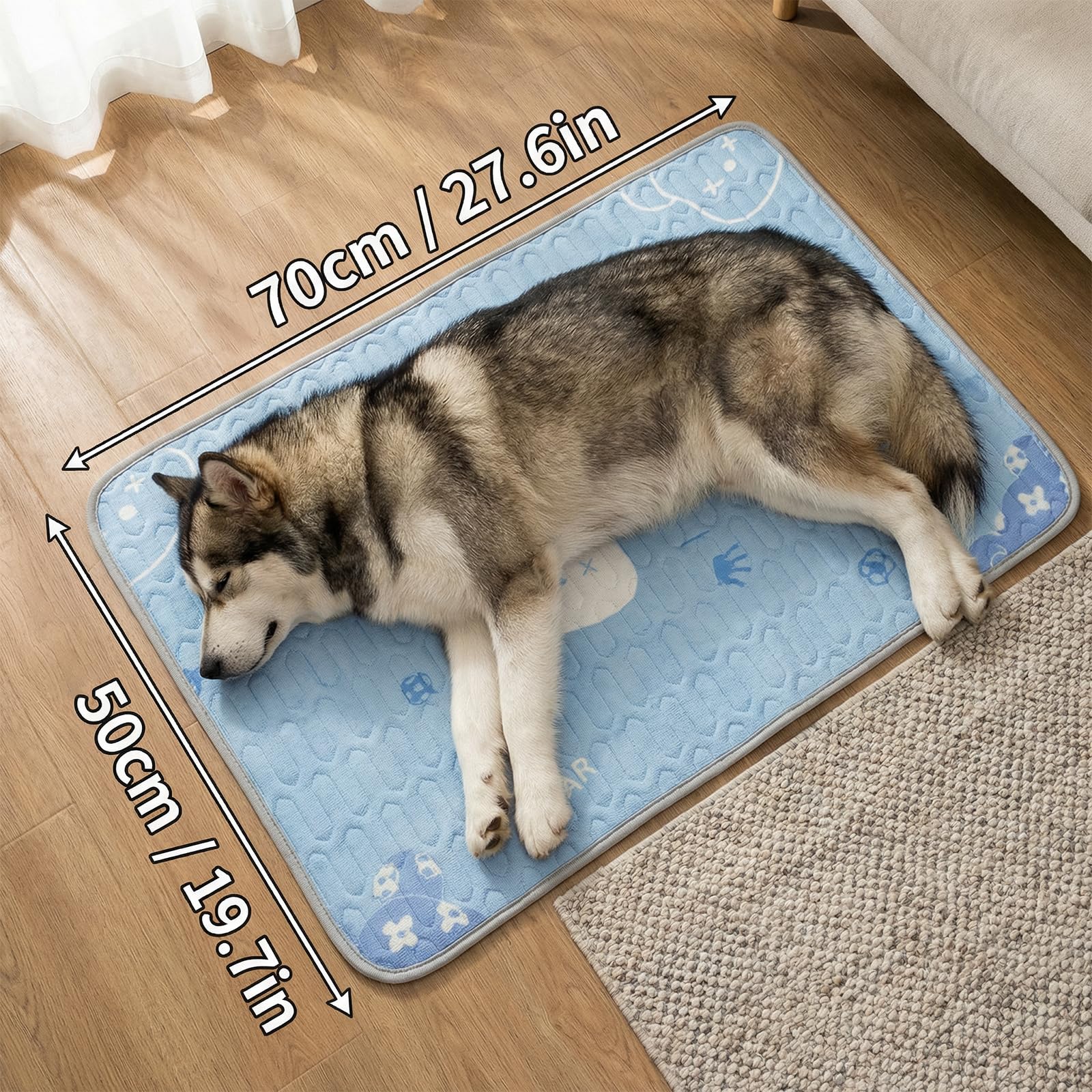 Qoosea Alfombra Refrescante para Perros 50x70cm, Lavable a Máquina - Diseño Osito Azul, Colchón en Tela de Seda Helada & Relleno de Látex, con Puntos Antideslizantes, para Casa y Coche