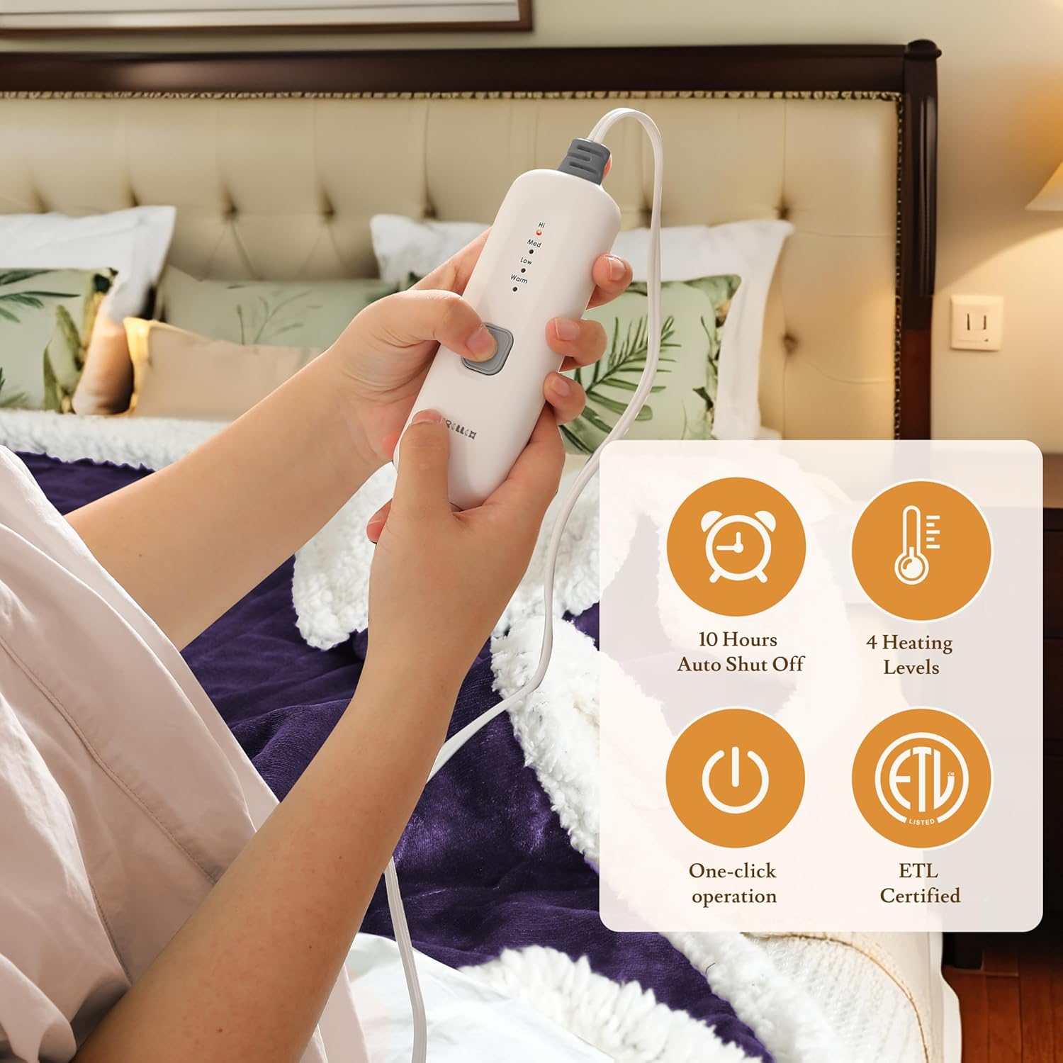 Electric Heated Blanket 62"x84" Twin Size Flannel & Sherpa - 4 Heat Settings & 10H Auto Shut Off for Safe Overnight Use, Fast Heating, Machine Washable for Bed, Couch, Office - Purple - Image 4