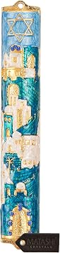 Matashi Hand Painted Blue and Ivory Enamel Jerusalem Cityscape Mezuzah with Gold Accents and a Star of David Crystals Home Door Wall Decor Housewarming Present for Festival 5.5 inch