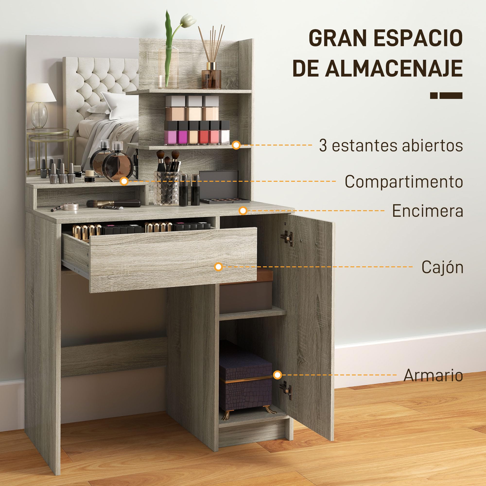 HOMCOM Tocador de Maquillaje con Taburete, Tocador con Espejo, Estantes Abiertos, Cajón y Estante Ajustable, Anti-vuelco, para Dormitorio, Salón y Vestidor, Natural