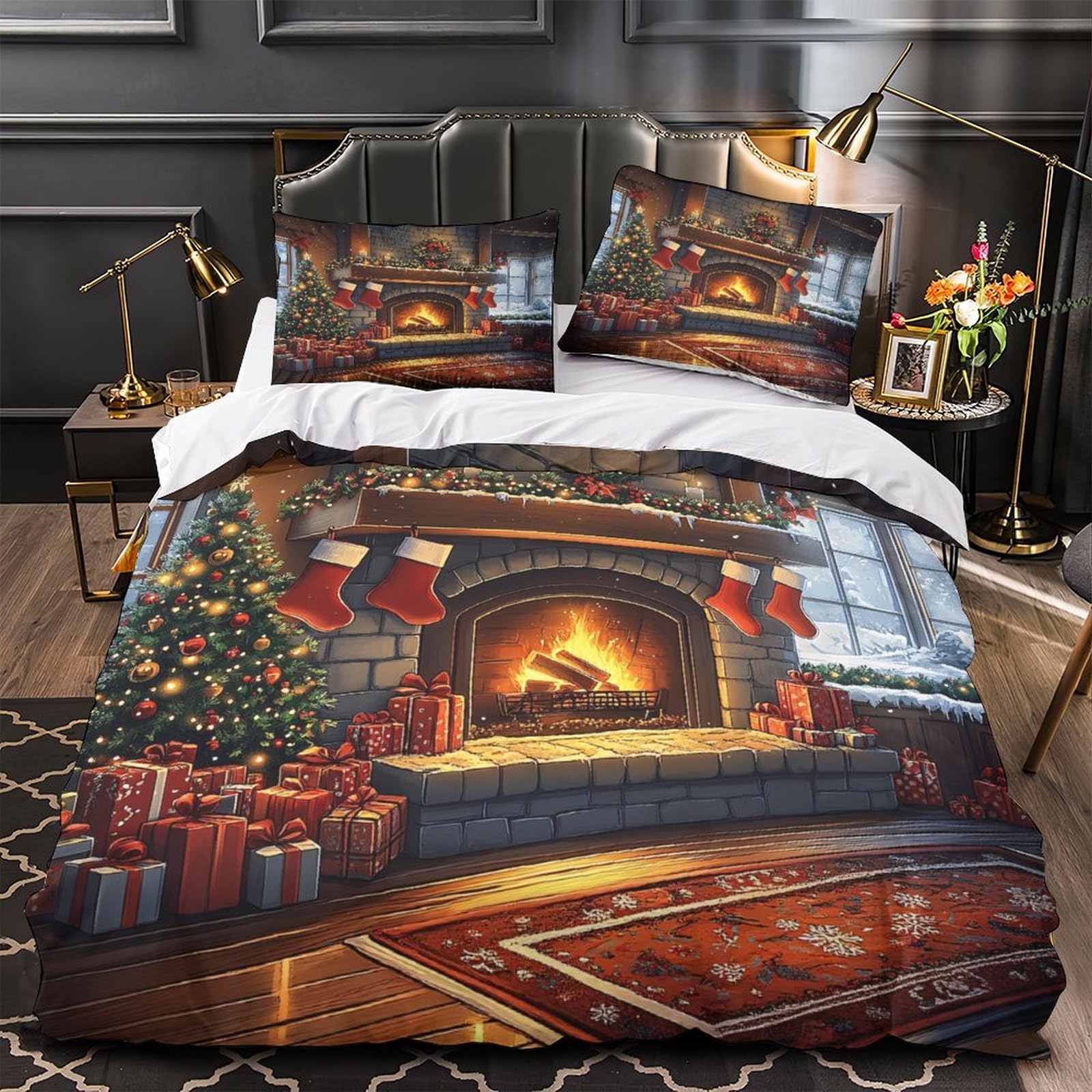 Chien de Noël Linge de Lit Microfibre Hypoallergénique 2 Personnes avec Housse de Couette 3D